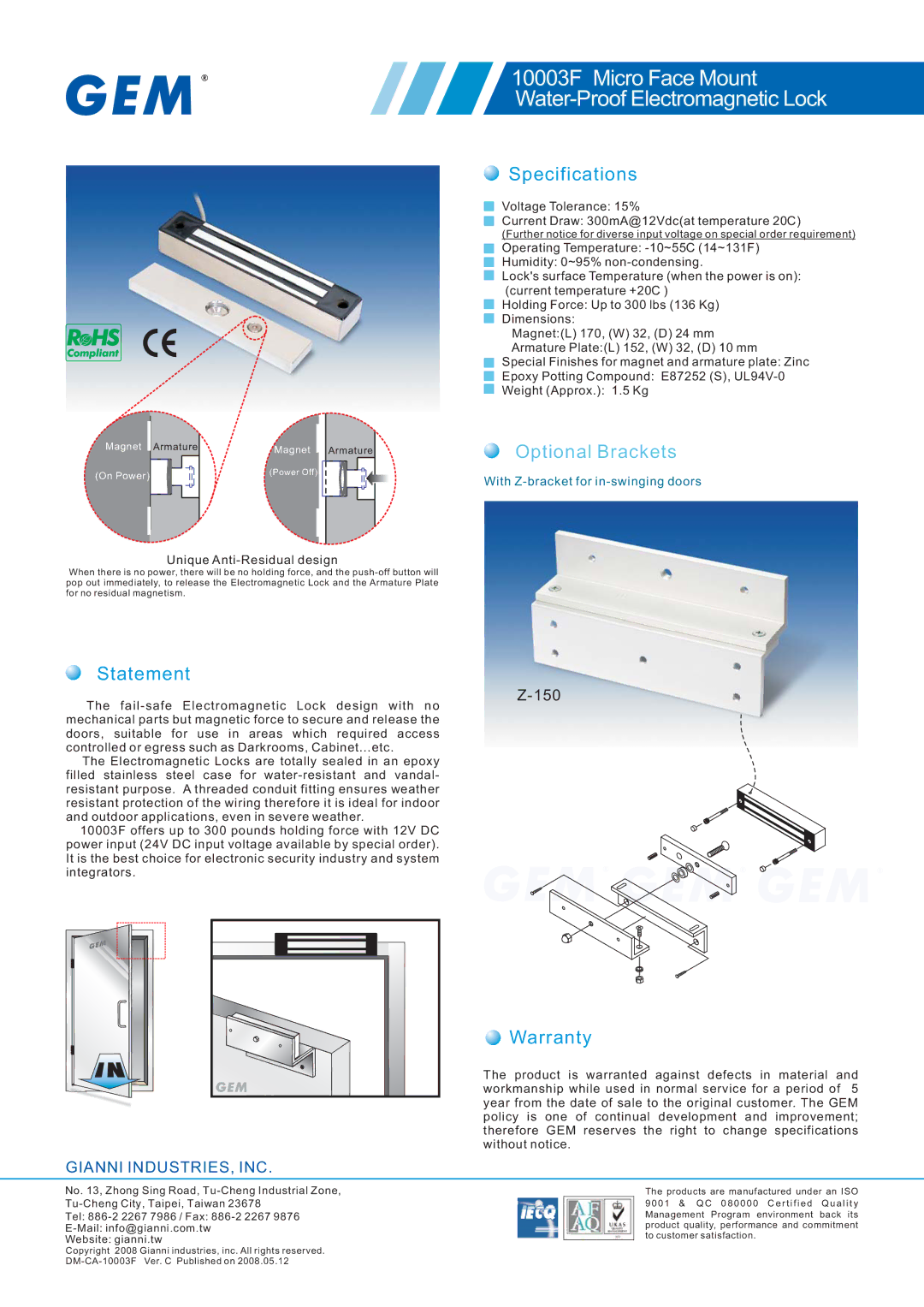 Gianni Industries specifications 10003F Micro Face Mount Water-Proof Electromagnetic Lock, Specifications, Statement 