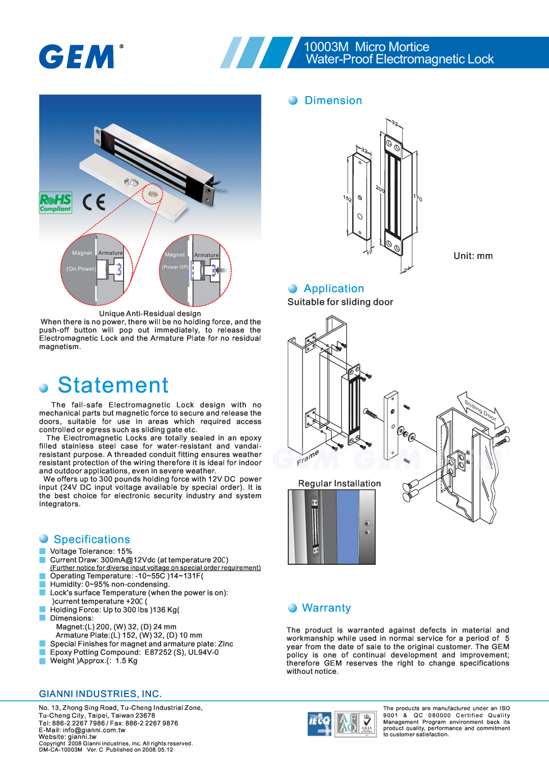 Gianni Industries specifications Statement, 10003M Micro Mortice Water-Proof Electromagnetic Lock, Dimension, Warranty 