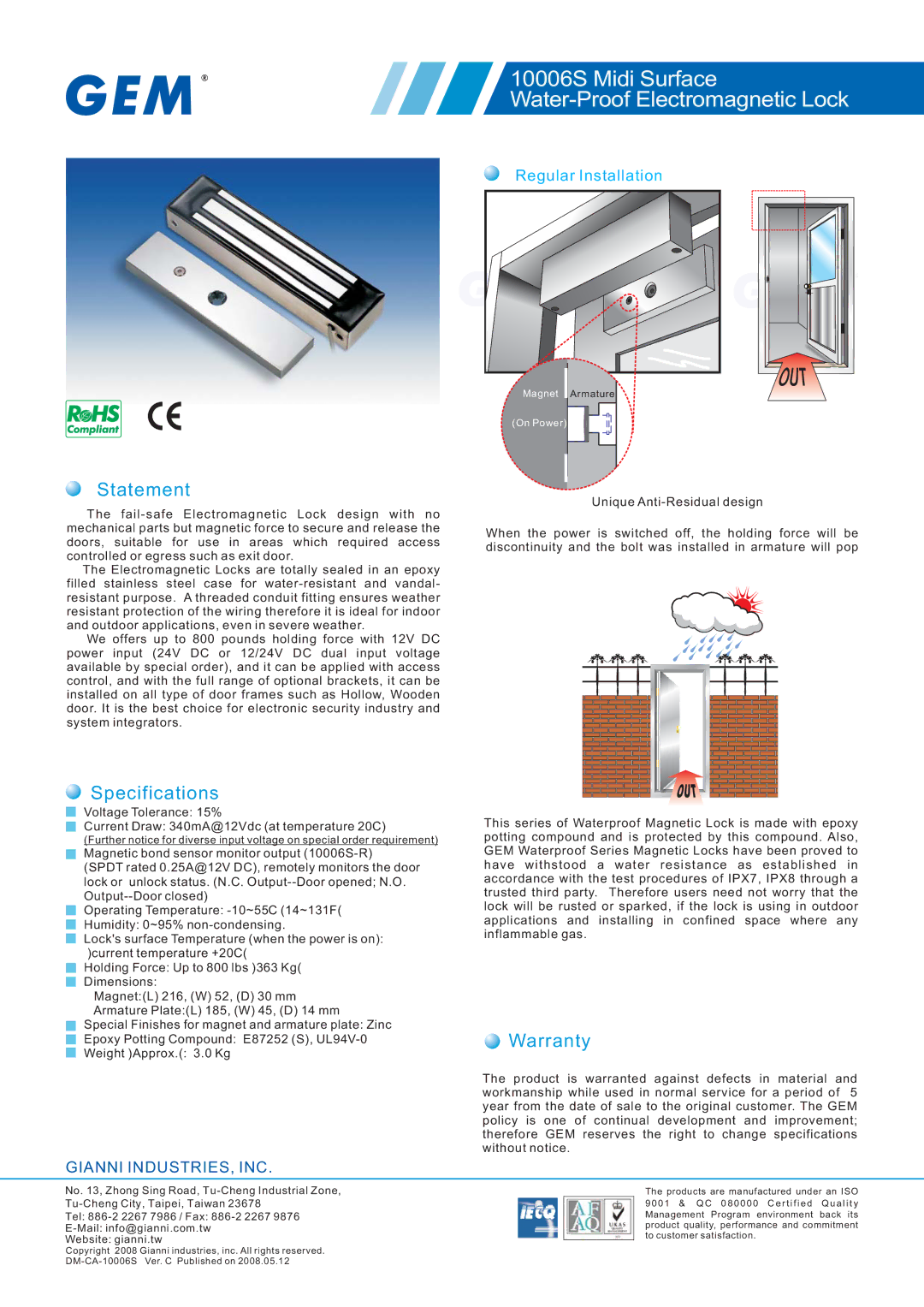 Gianni Industries specifications 10006S Midi Surface Water-Proof Electromagnetic Lock, Statement, Specifications 