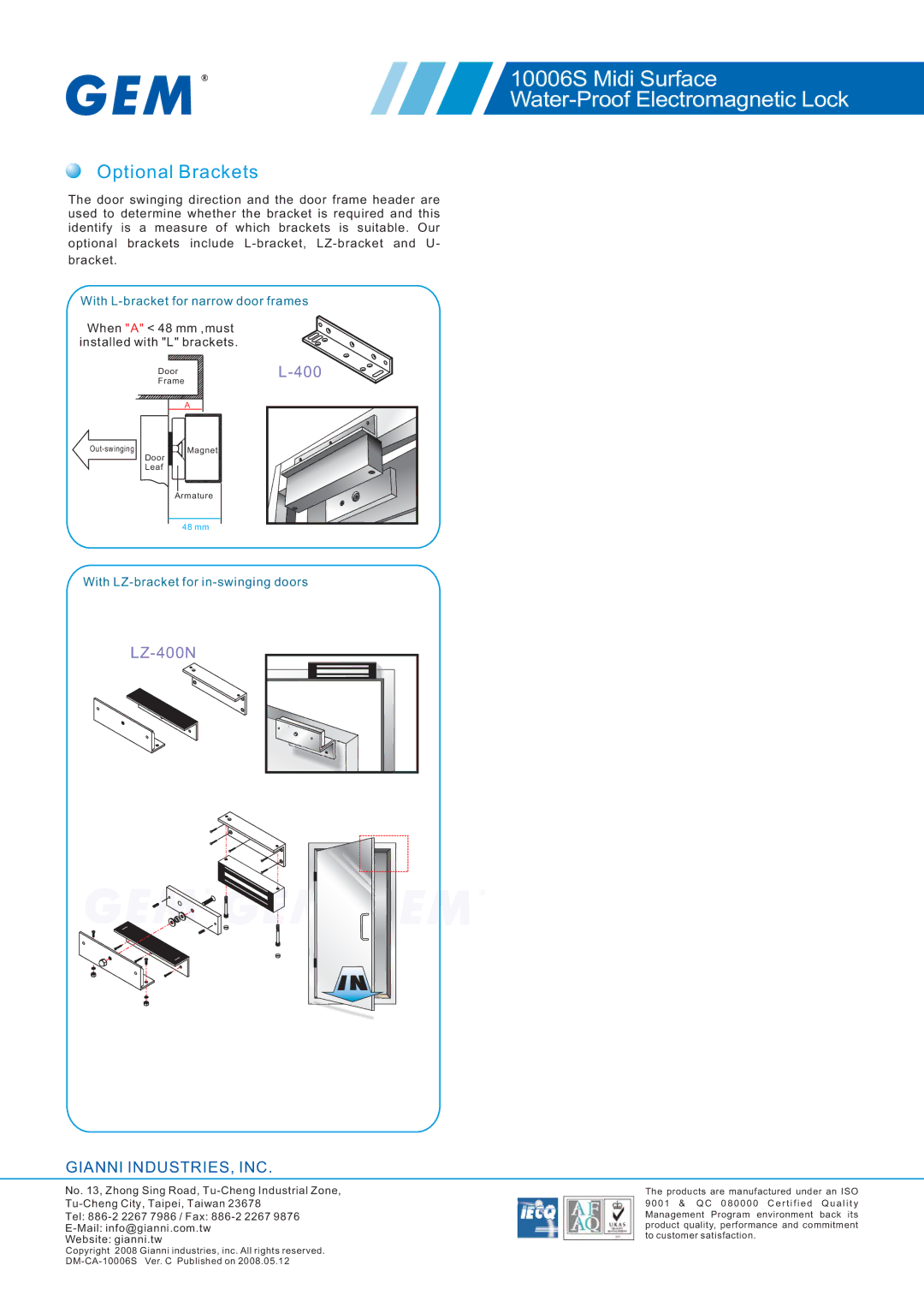 Gianni Industries 10006S specifications Optional Brackets 