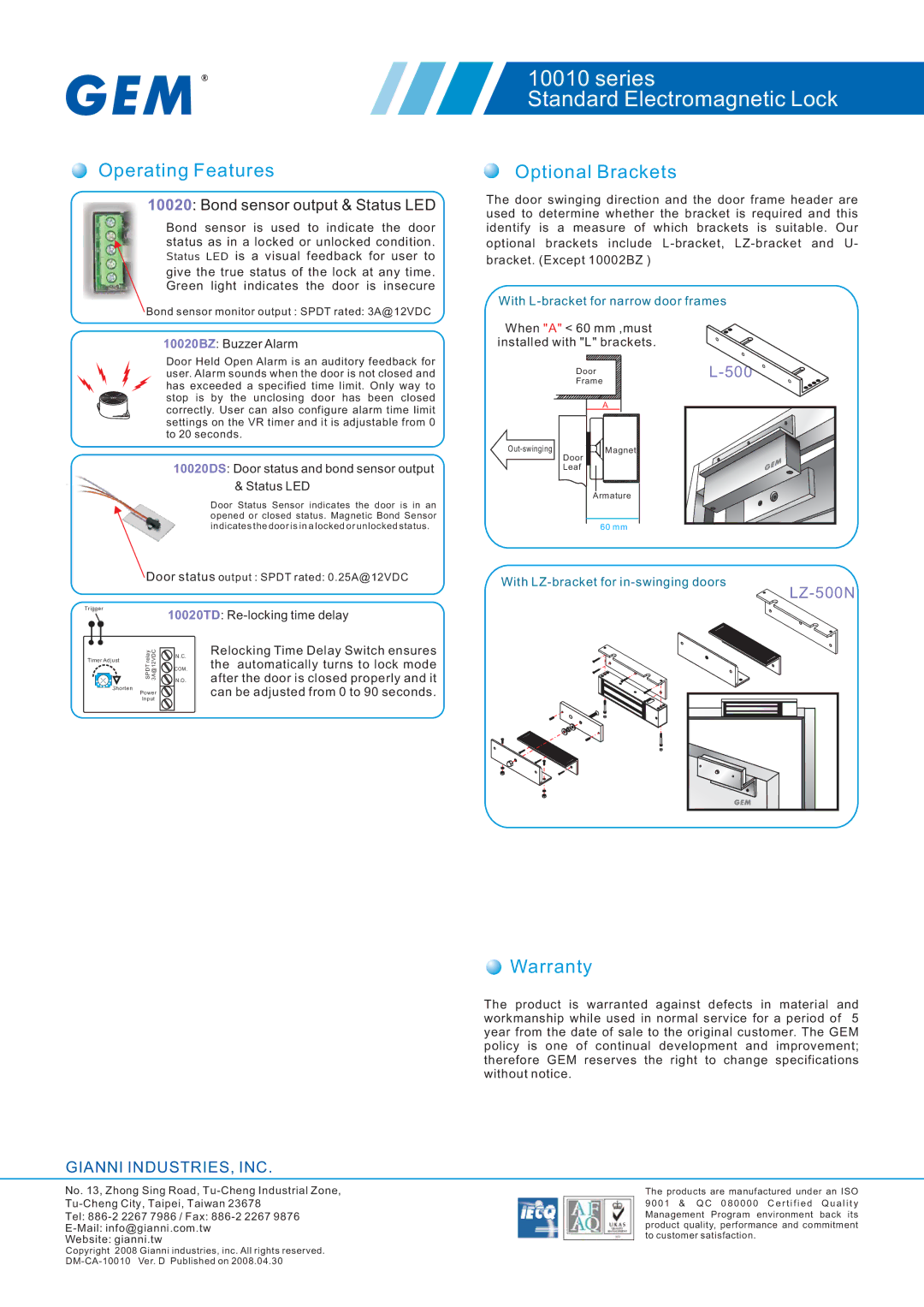 Gianni Industries 10020BZ, 10020DS, 10010 Series specifications Operating Features, Optional Brackets, Warranty 