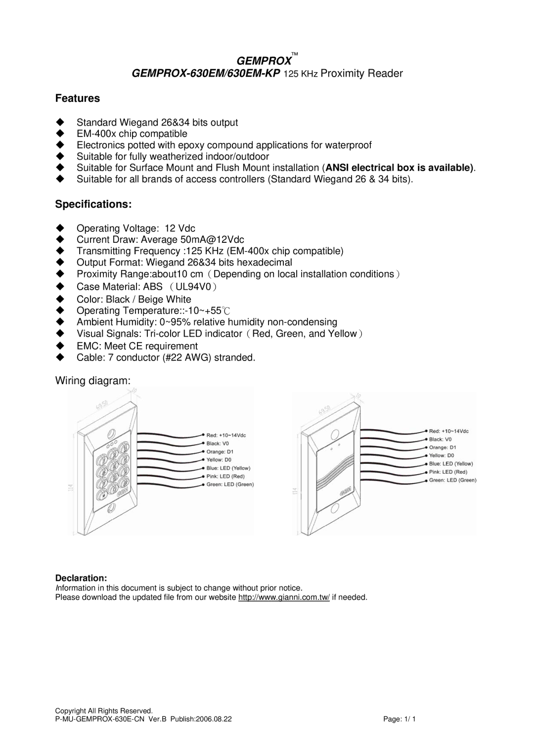 Gianni Industries Gemprox-630EM specifications GEMPROX-630EM/630EM-KP 125 KHz Proximity Reader, Features, Specifications 