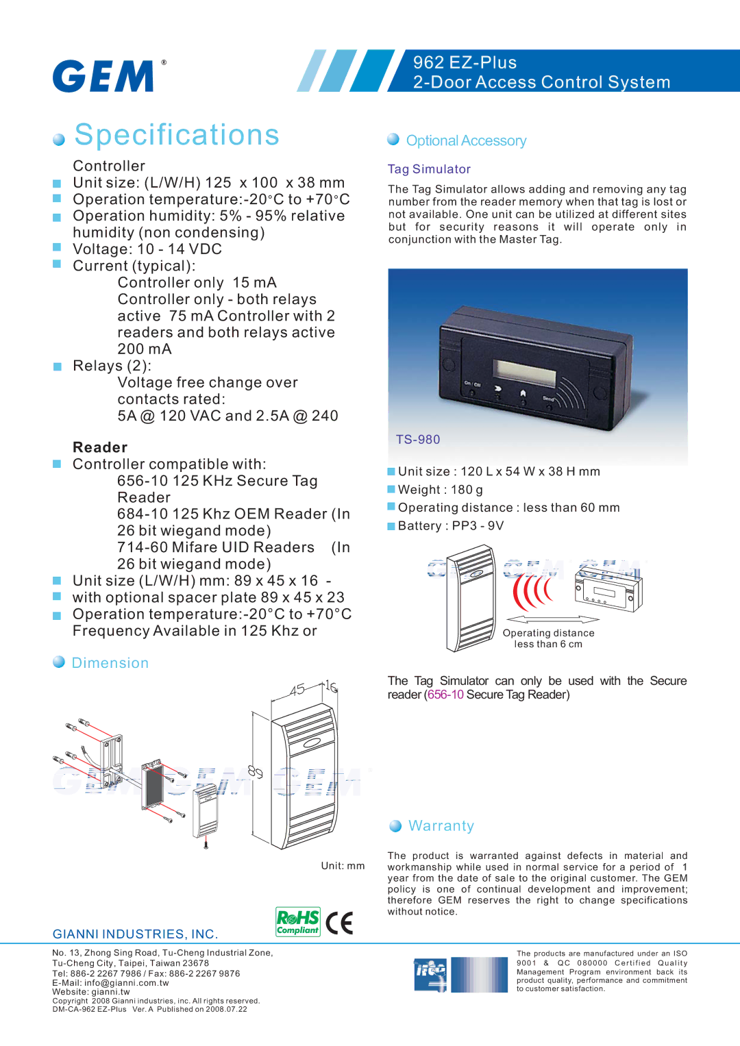 Gianni Industries 962 EZ-Plus manual Dimension, Optional Accessory, Warranty, Tag Simulator, TS-980 