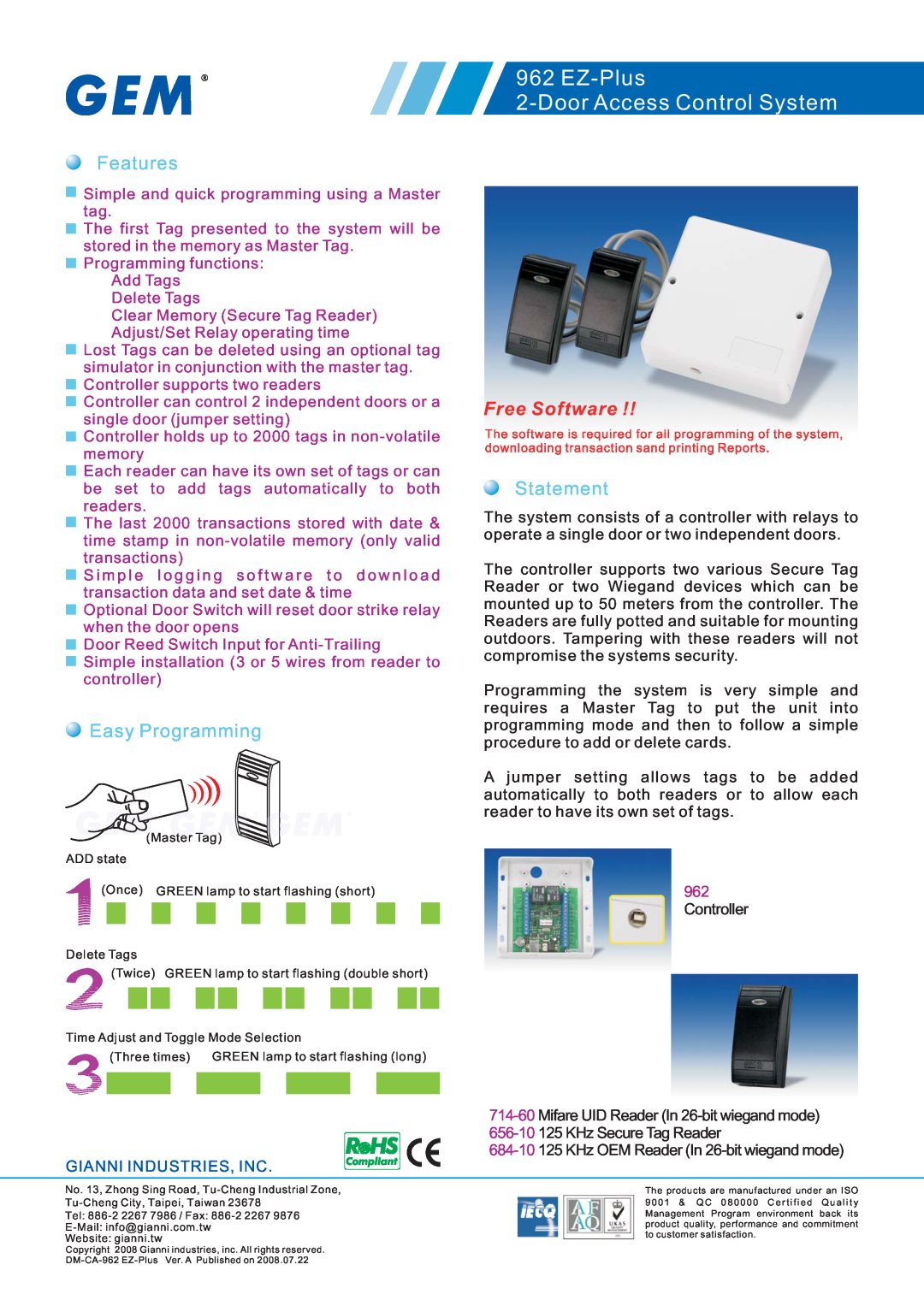 Gianni Industries 962 EZ-Plus manual EZ-Plus 2-Door Access Control System, Features, Easy Programming, Statement 