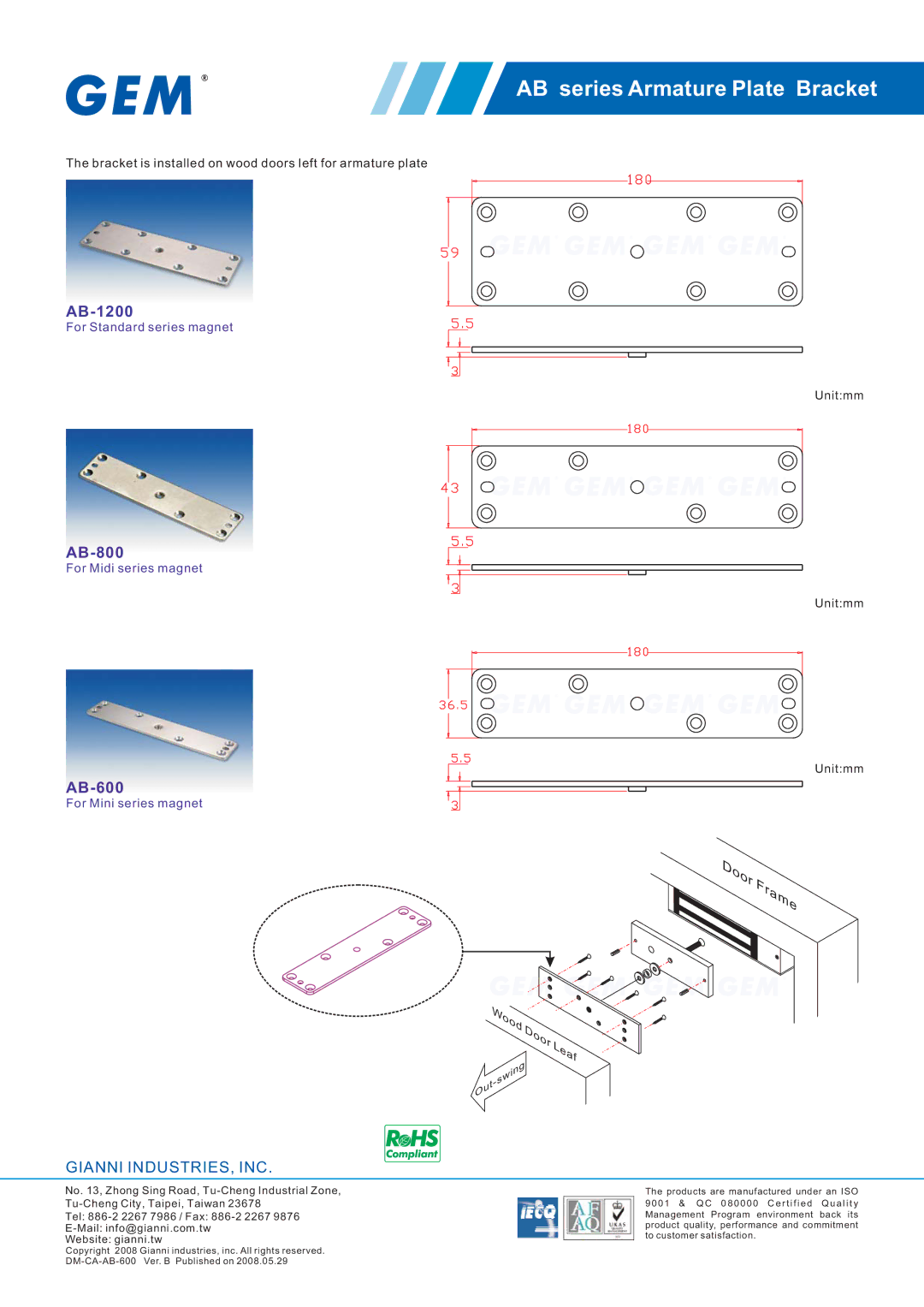 Gianni Industries AB-600, AB-800, AB Series, AB-1200 manual AB series Armature Plate Bracket, Frame, Gianni INDUSTRIES, INC 