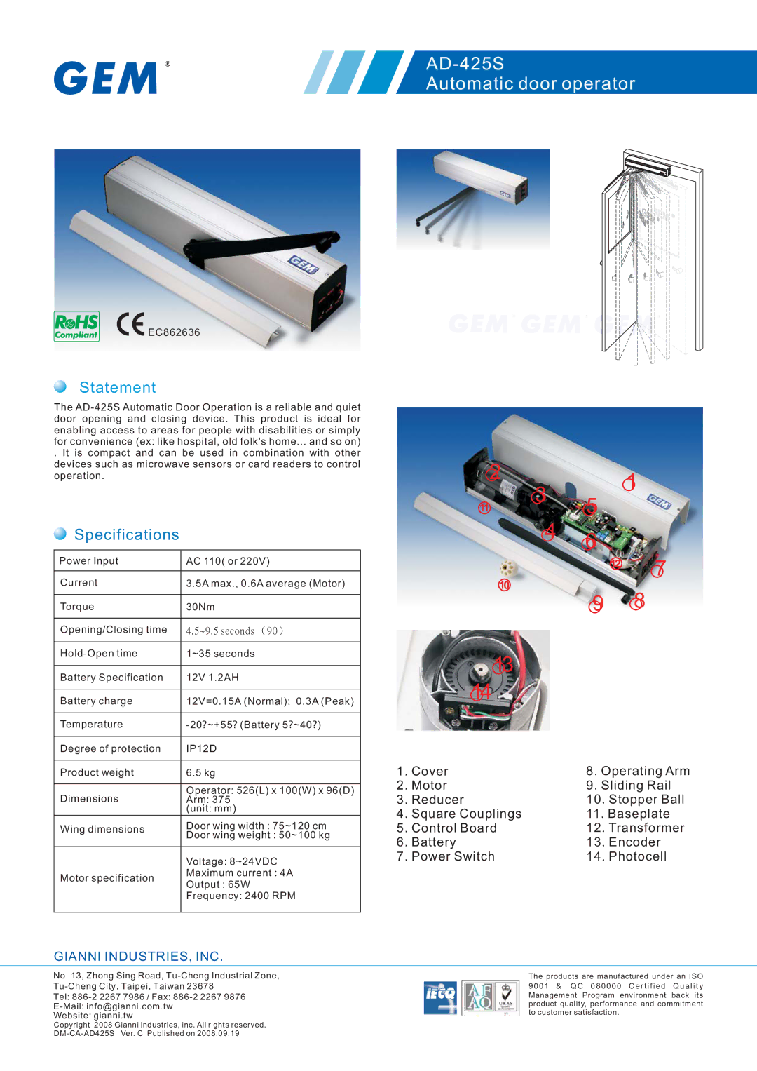 Gianni Industries AD-425S specifications Statement, Specifications 