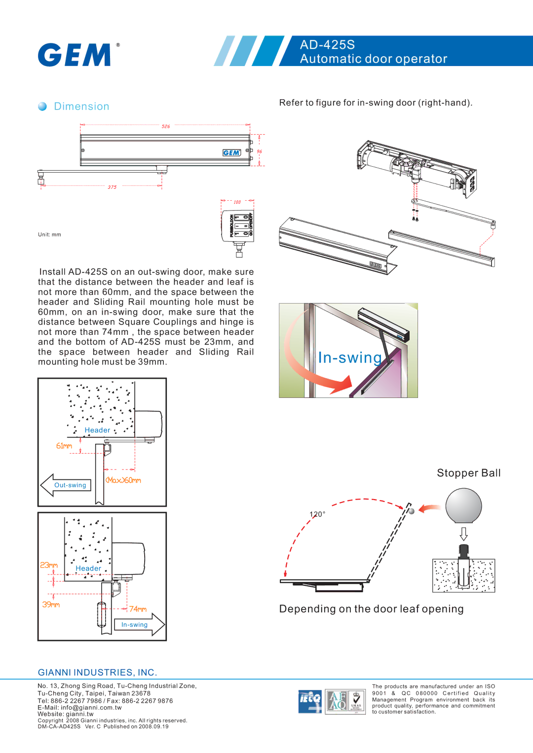 Gianni Industries AD-425S specifications In-swing 