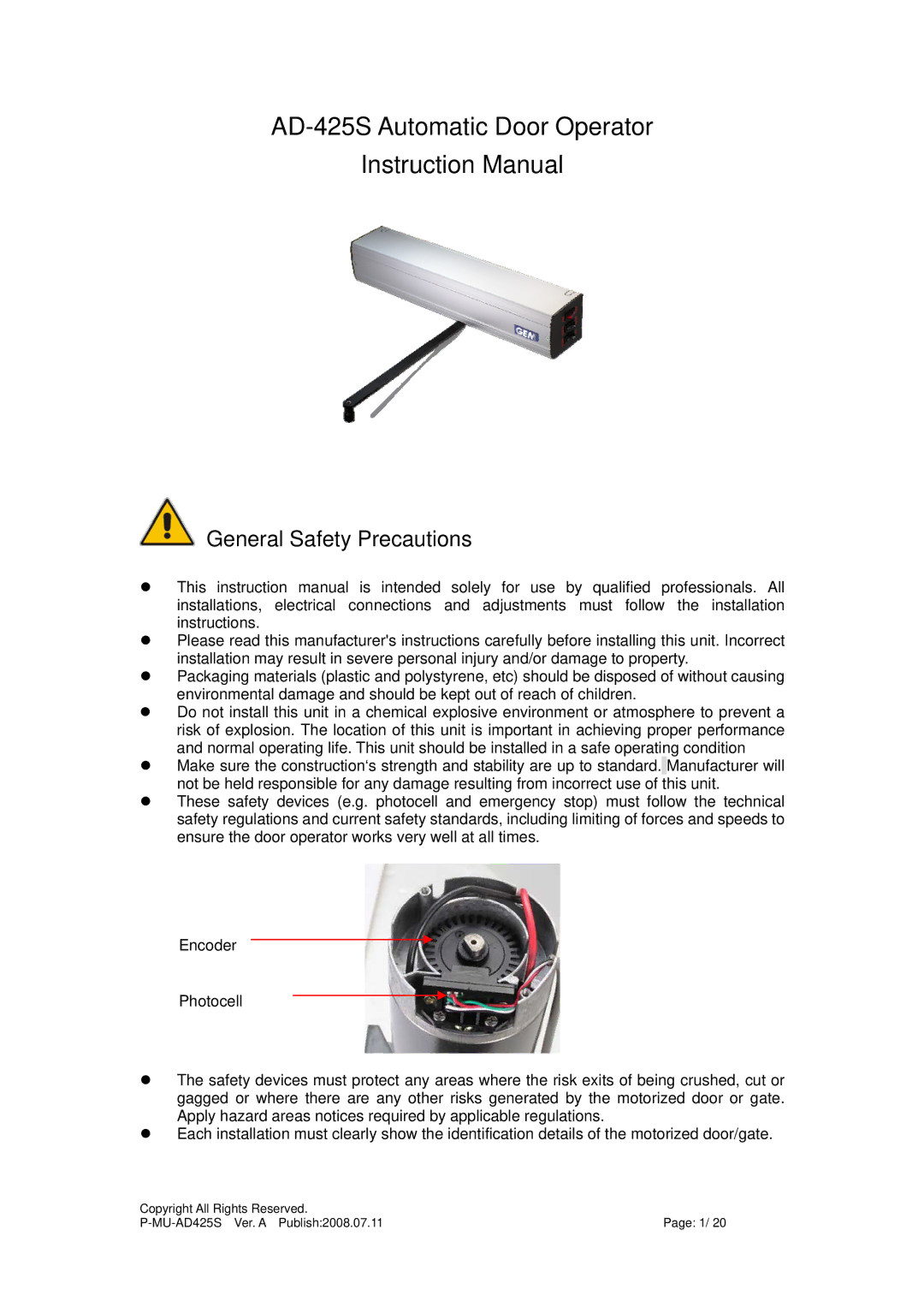 Gianni Industries instruction manual AD-425S Automatic Door Operator, General Safety Precautions 