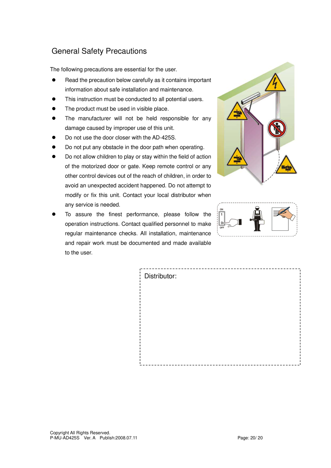 Gianni Industries AD-425S instruction manual General Safety Precautions, Distributor 