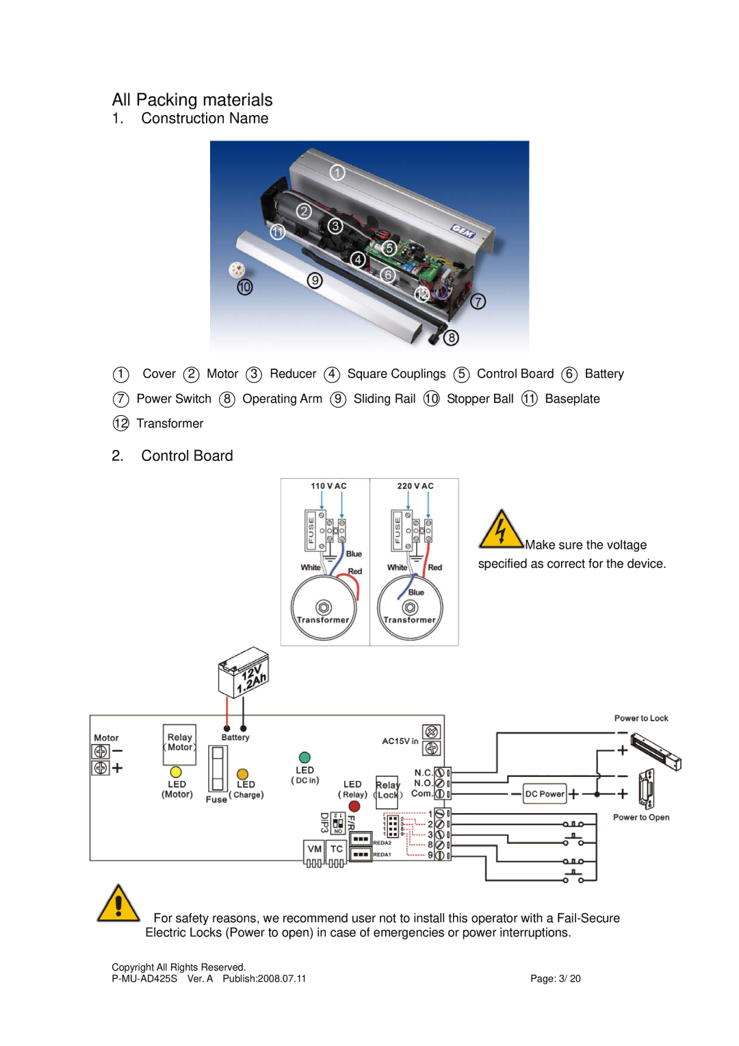 Gianni Industries AD-425S instruction manual All Packing materials, Construction Name, Control Board 