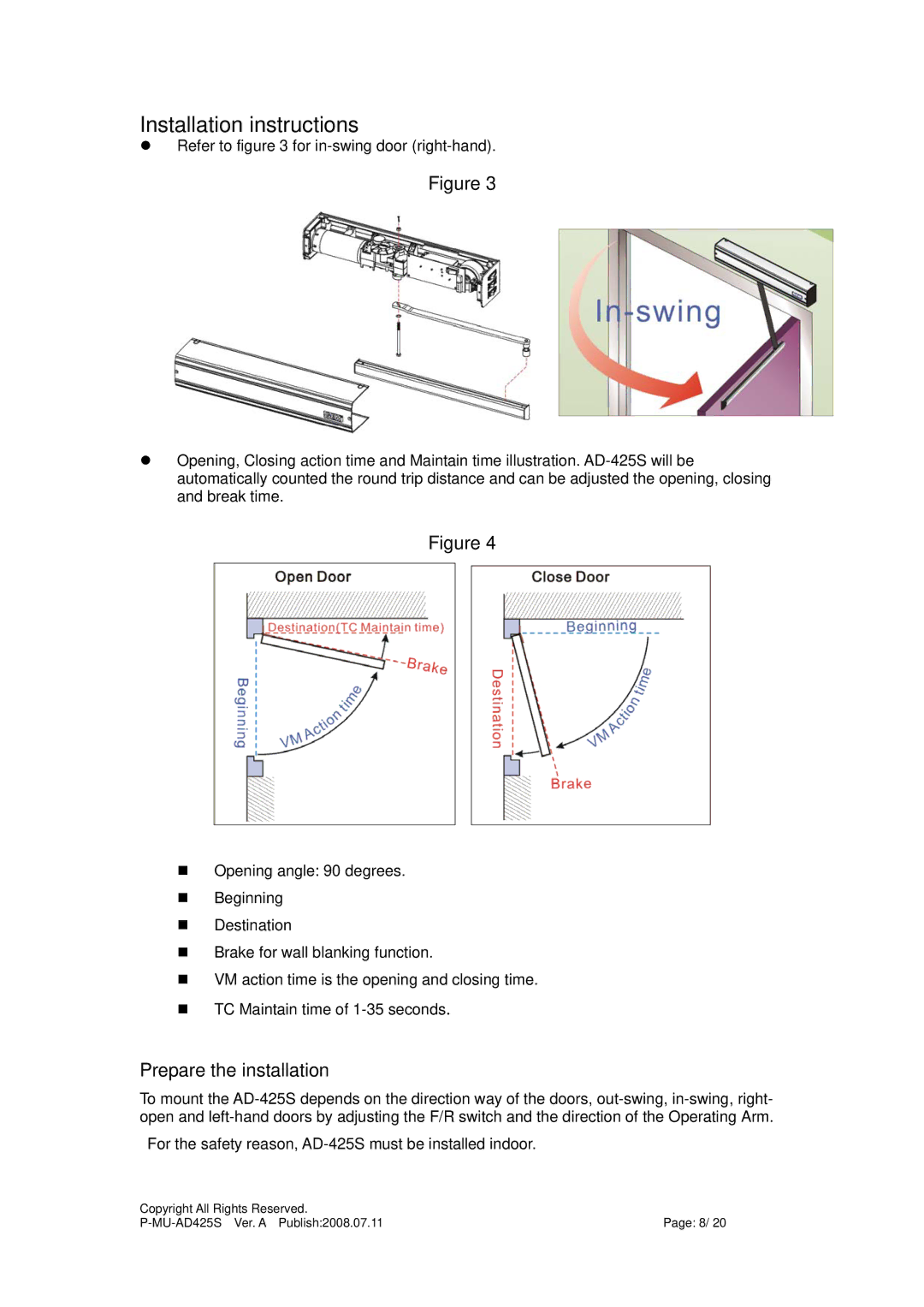 Gianni Industries AD-425S instruction manual Installation instructions, Prepare the installation 