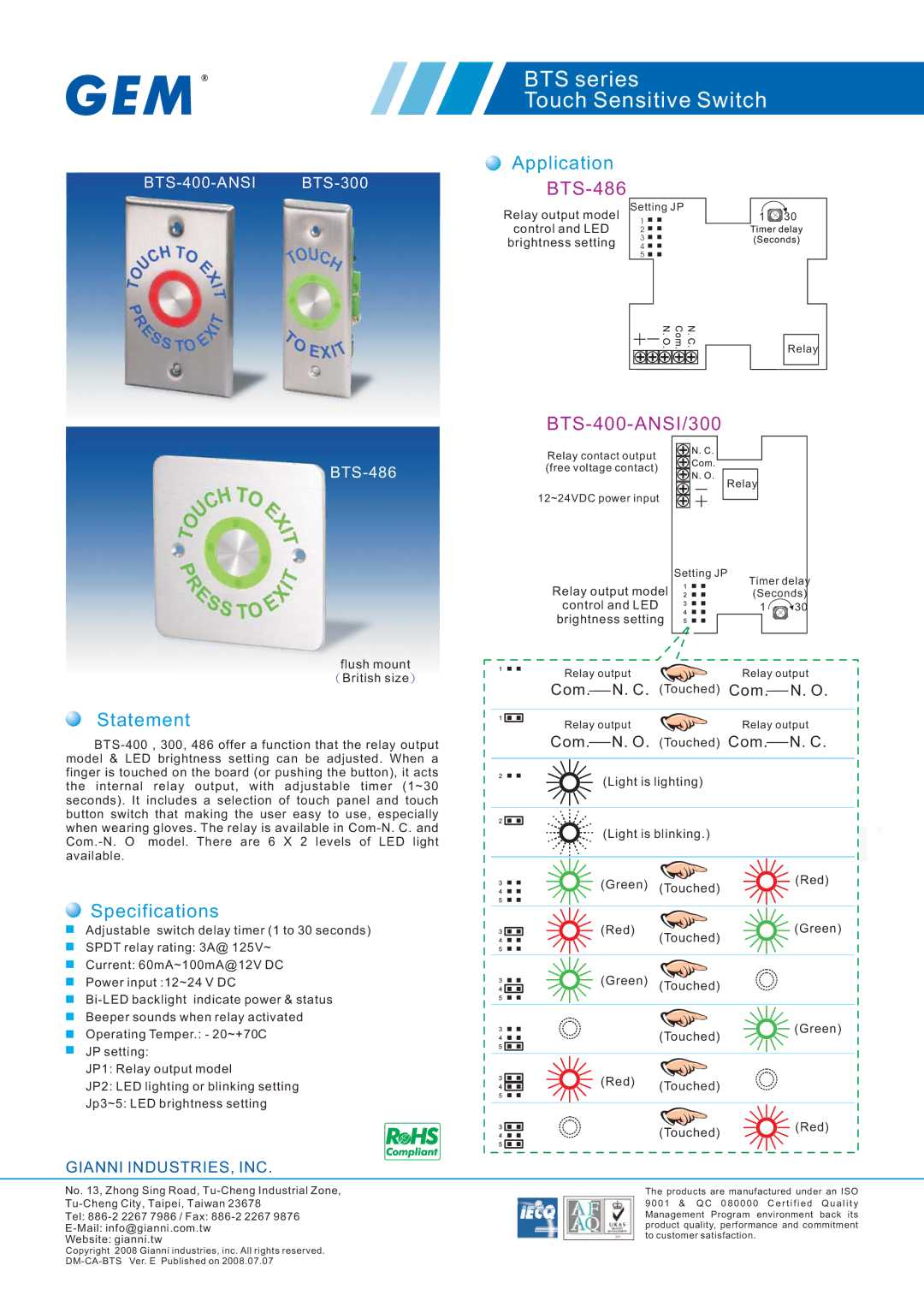 Gianni Industries BTS-400-ANSI, BTS-486BTS-300, BTS Series specifications Application, Statement, Specifications 