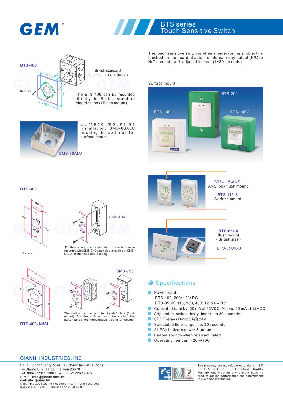 Gianni Industries BTS Series, BTS-486BTS-300, BTS-400-ANSI Specifications, BTS-85UK flush mount British size 