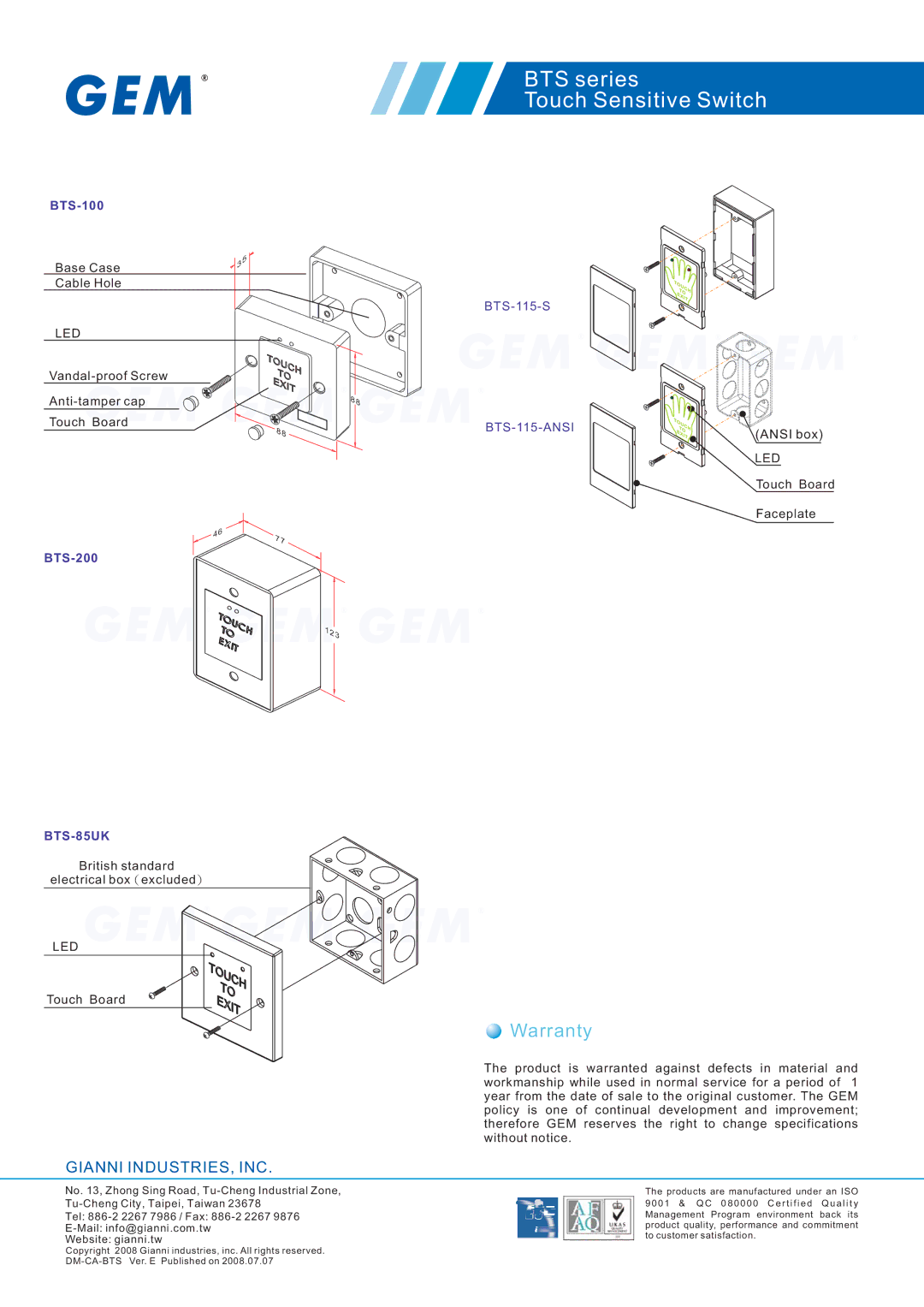 Gianni Industries BTS-486BTS-300, BTS-400-ANSI, BTS Series specifications Warranty, BTS-100, BTS-200 