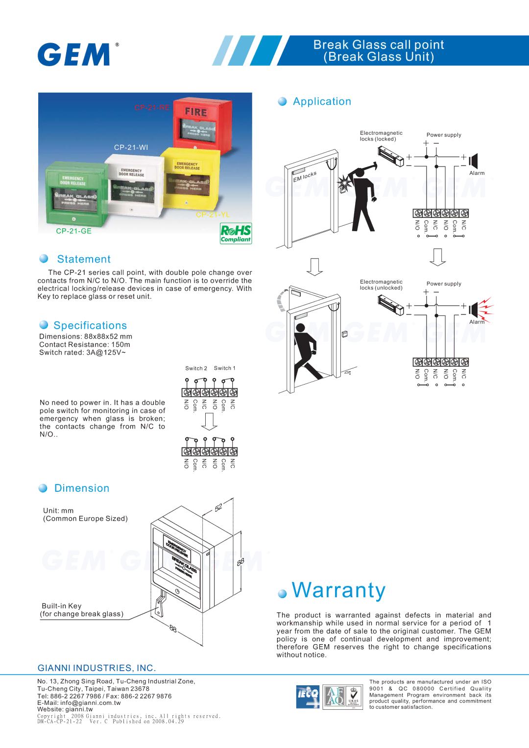 Gianni Industries CP-21-WI, CP-21-RE, CP-21-GE, CP-21-YL warranty Warranty, Break Glass call point Break Glass Unit 