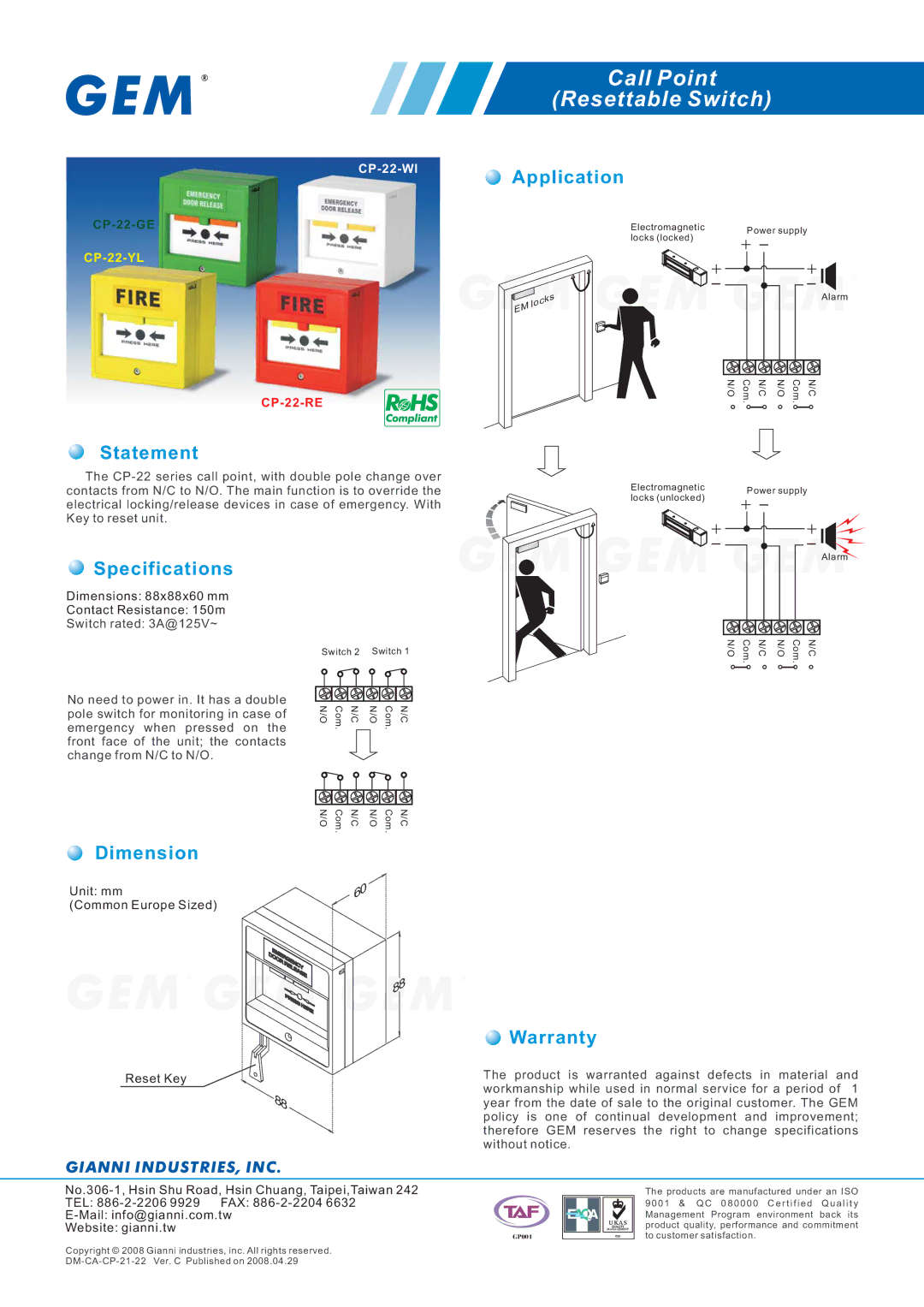 Gianni Industries CP-22-WI, CP-22-RE, CP-22-GE, CP-22-YL, CP-22 Series warranty Call Point Resettable Switch 