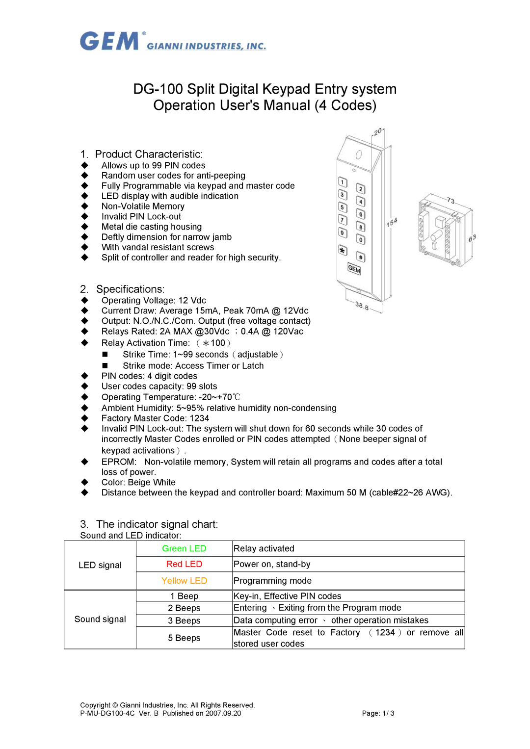 Gianni Industries DG-100 specifications Product Characteristic, Specifications, Indicator signal chart 