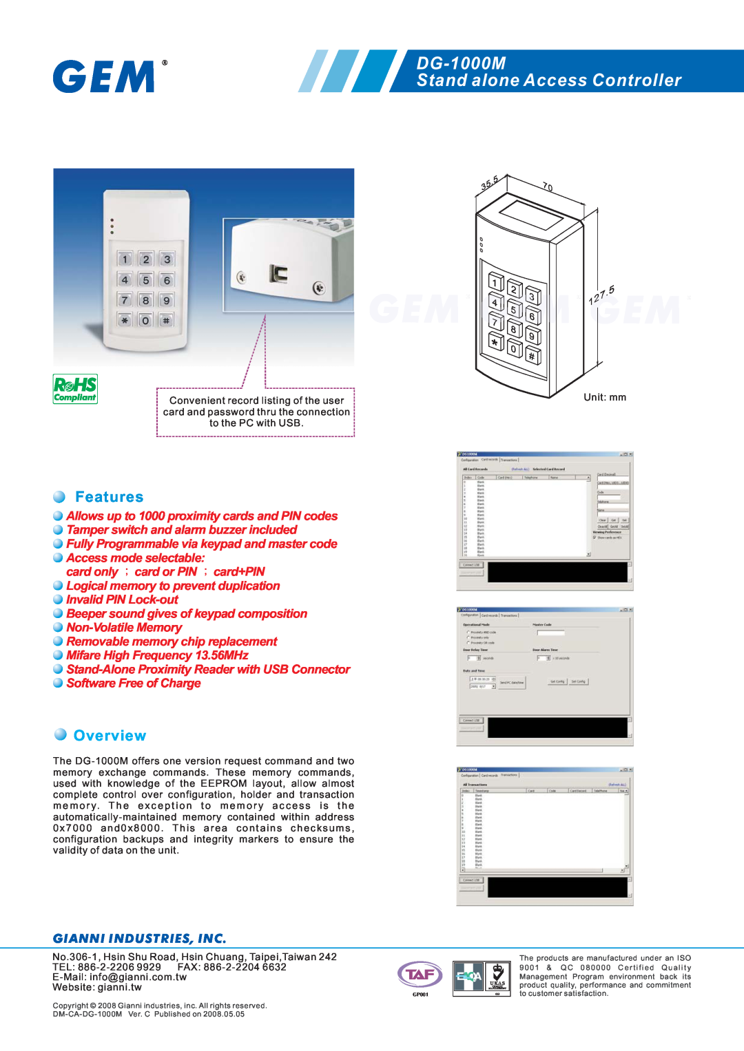 Gianni Industries manual DG-1000M Stand alone Access Controller, Features, Overview, Gianni Industries, Inc 