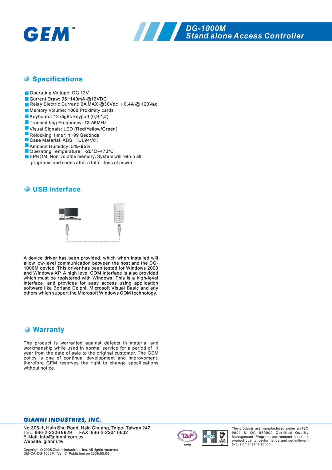 Gianni Industries manual Specifications, USB Interface, Warranty, DG-1000M Stand alone Access Controller 