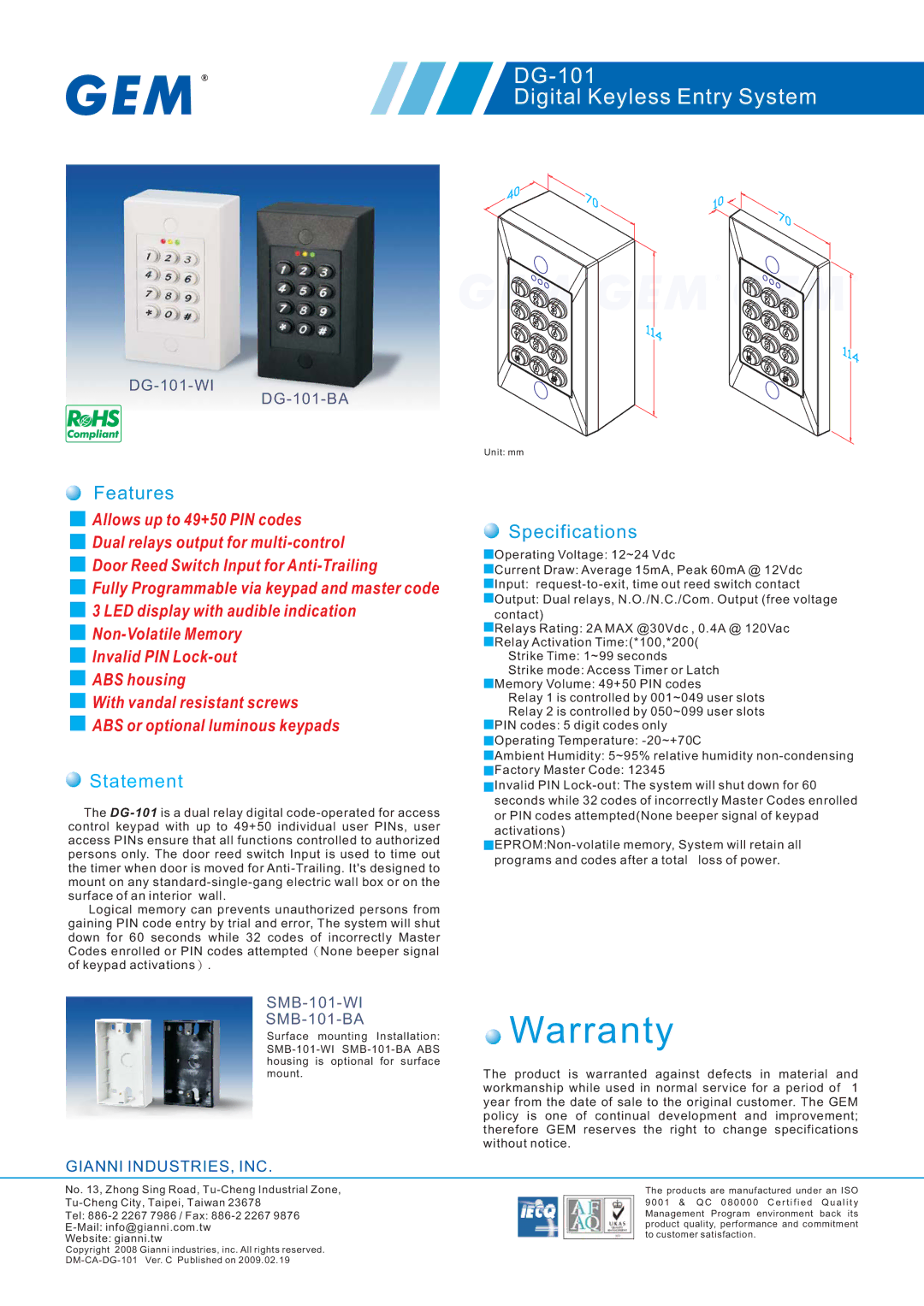 Gianni Industries warranty Warranty, DG-101 Digital Keyless Entry System, Features, Statement, Specifications 