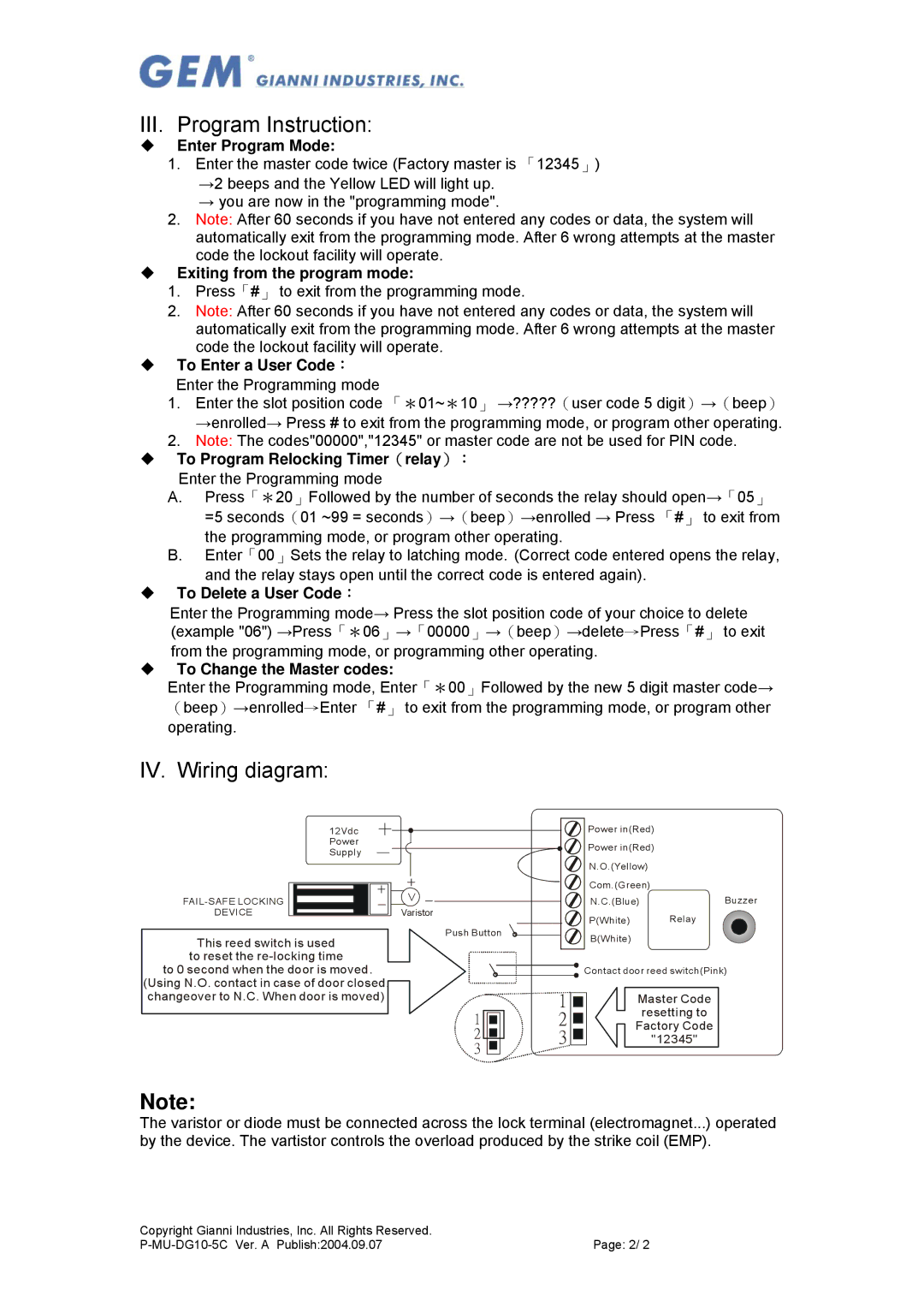 Gianni Industries DG-11 (Mount) specifications III. Program Instruction, IV. Wiring diagram 