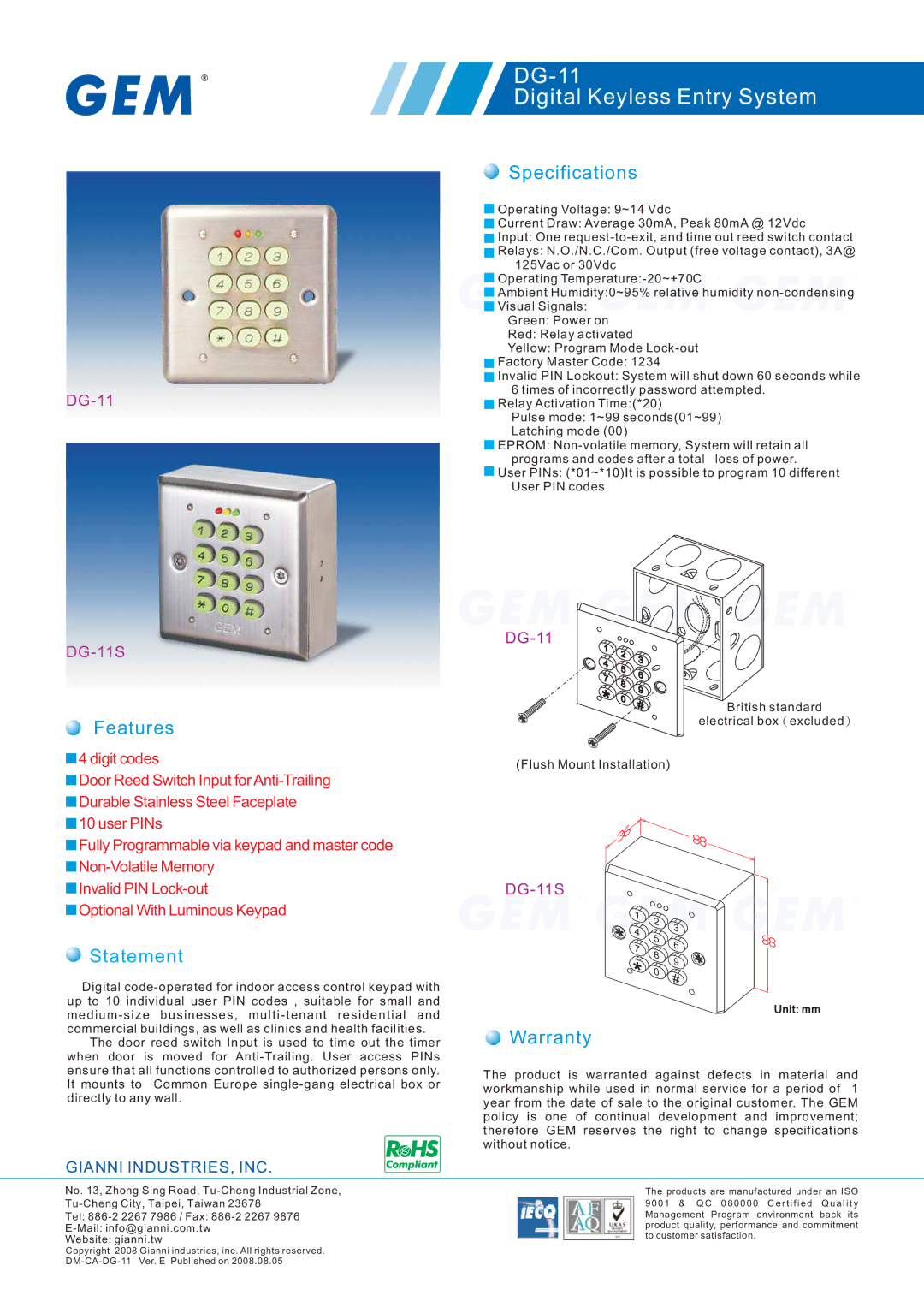 Gianni Industries DG-11S warranty DG-11 Digital Keyless Entry System, Features, Specifications, Statement, Warranty 