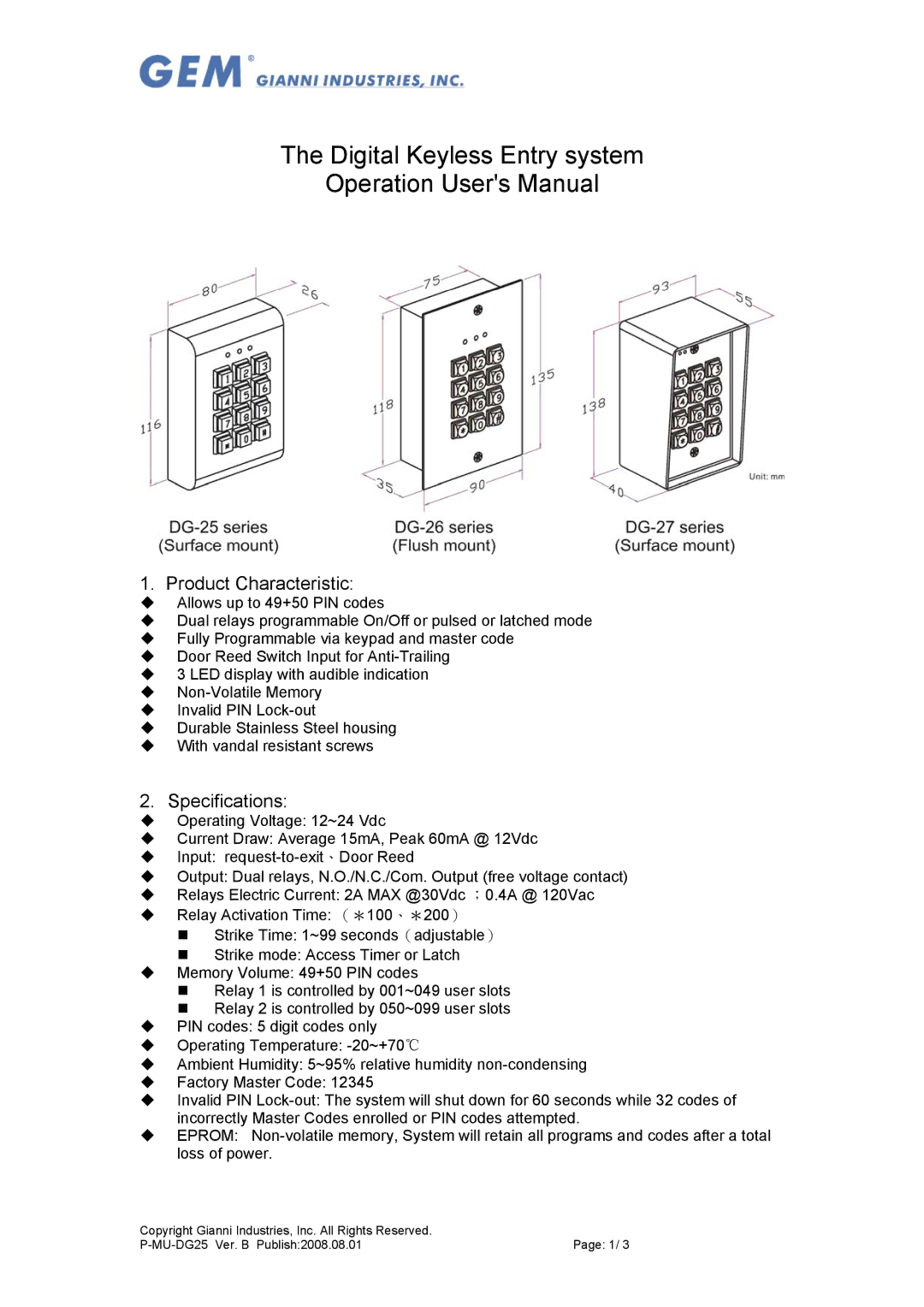 Gianni Industries DG-26, DG-25, DG-27 specifications Product Characteristic, Specifications 