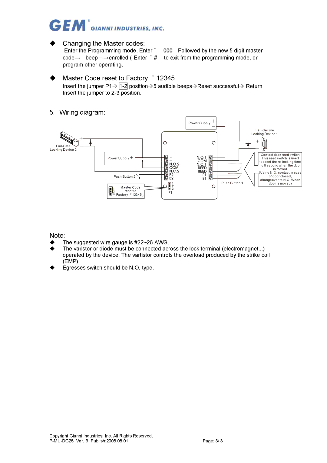 Gianni Industries DG-25, DG-26, DG-27 ‹ Changing the Master codes, ‹ Master Code reset to Factory 「12345」, Wiring diagram 