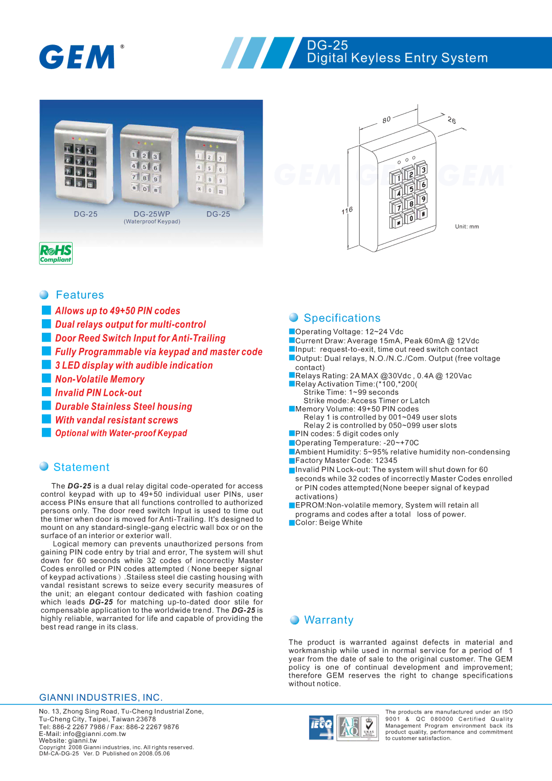 Gianni Industries DG-25DG-25 warranty DG-25 Digital Keyless Entry System, Features, Statement, Specifications, Warranty 