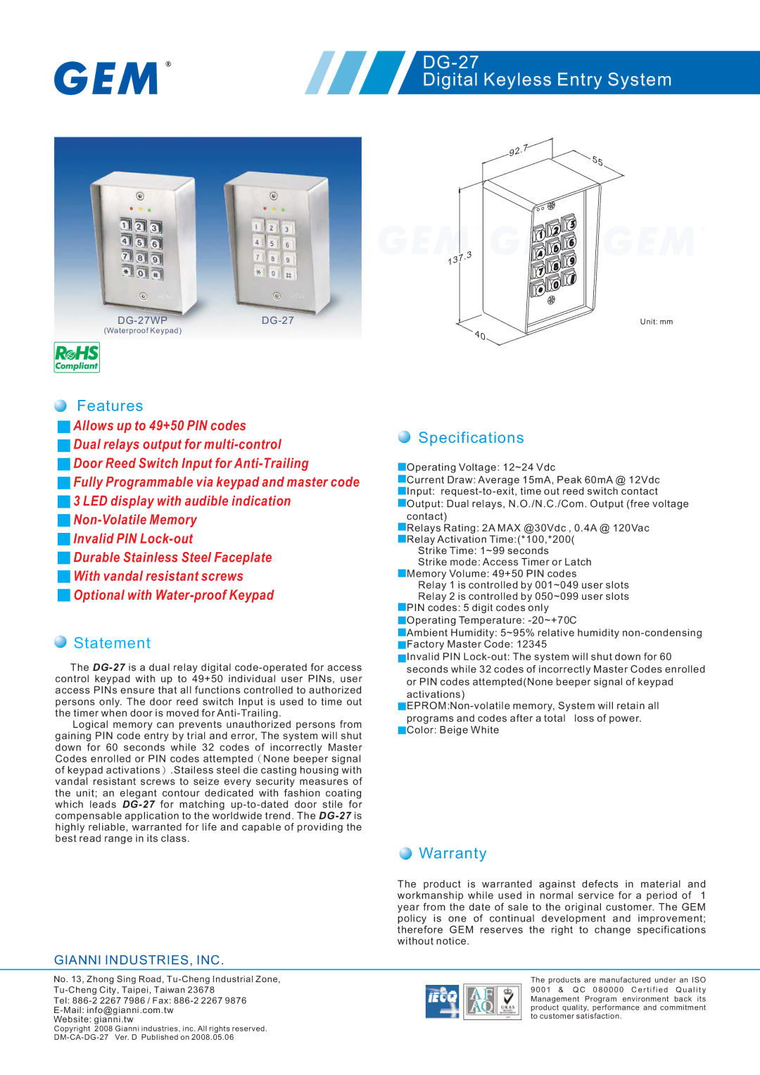 Gianni Industries DG-27WP warranty DG-27 Digital Keyless Entry System, Features, Statement, Specifications, Warranty 