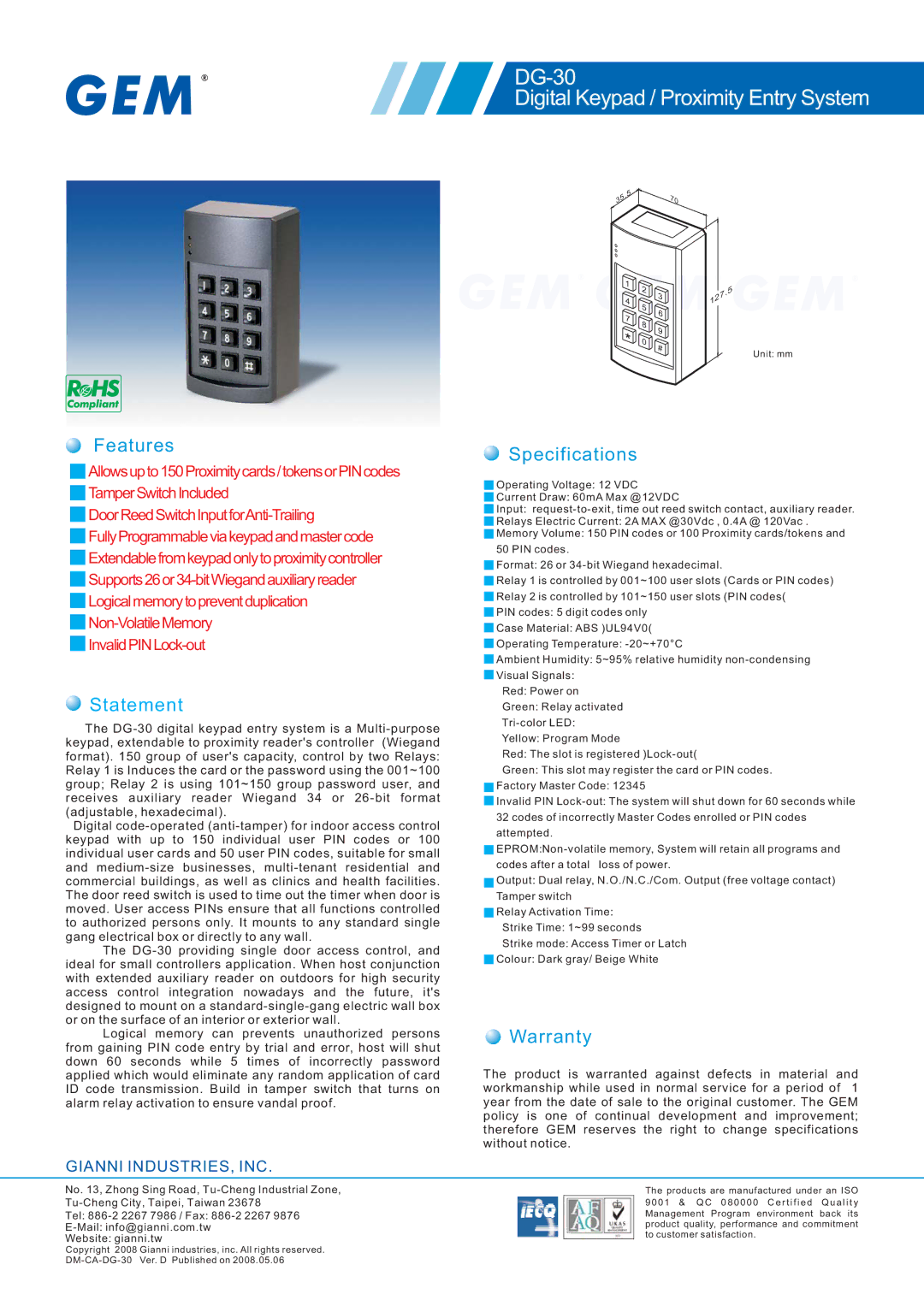 Gianni Industries specifications DG-30 Digital Keypad / Proximity Entry System, Features, Statement, Specifications 