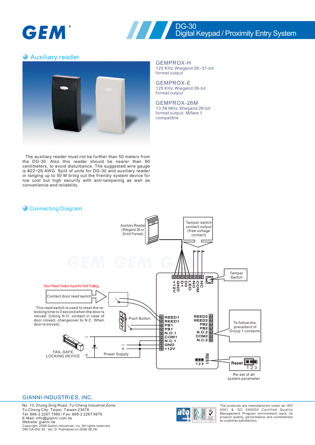 Gianni Industries DG-30 specifications Auxiliary reader, Gemprox-H, Gemprox-E, GEMPROX-26M, Connecting Diagram 