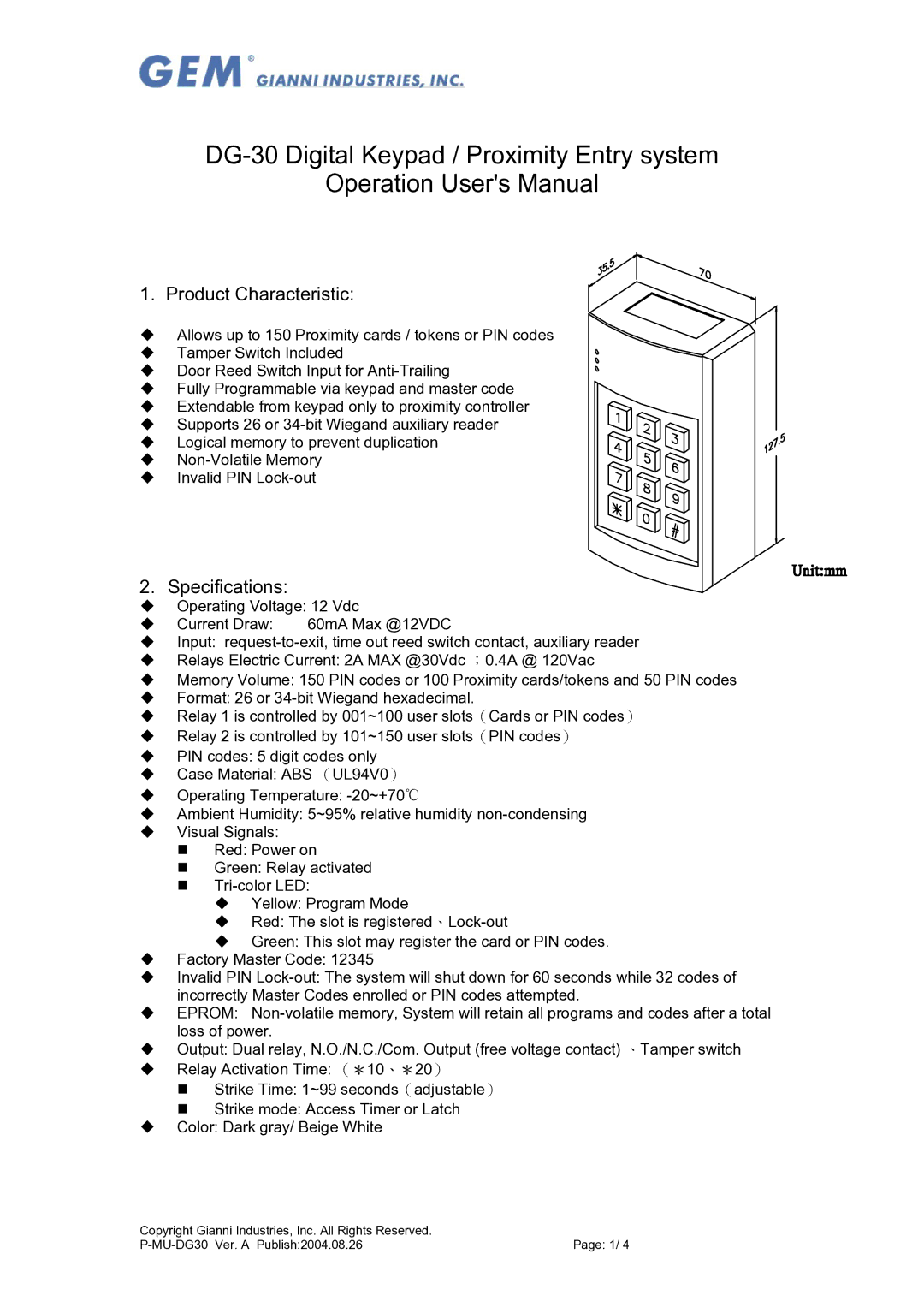 Gianni Industries DG-30 specifications Product Characteristic, Specifications 