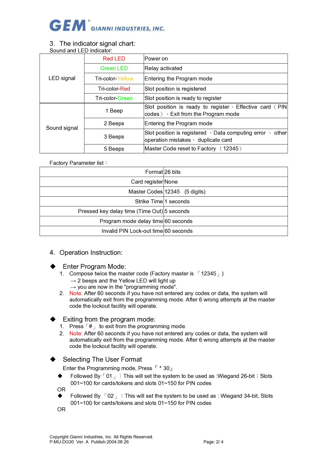 Gianni Industries DG-30 Indicator signal chart, Operation Instruction ‹ Enter Program Mode, ‹ Selecting The User Format 