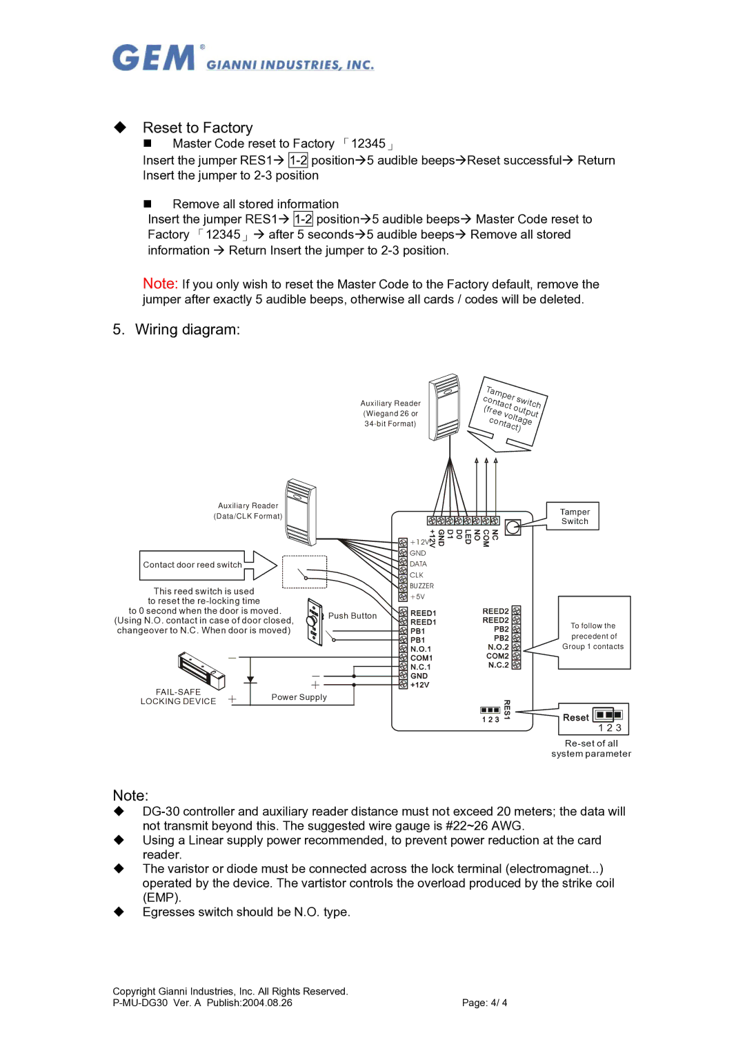 Gianni Industries DG-30 specifications ‹ Reset to Factory, Wiring diagram 