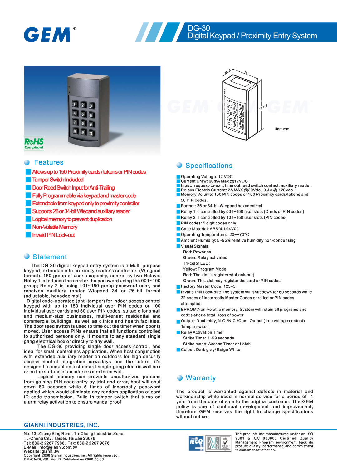 Gianni Industries specifications DG-30 Digital Keypad / Proximity Entry System, Statement, Gianni Industries, Inc 