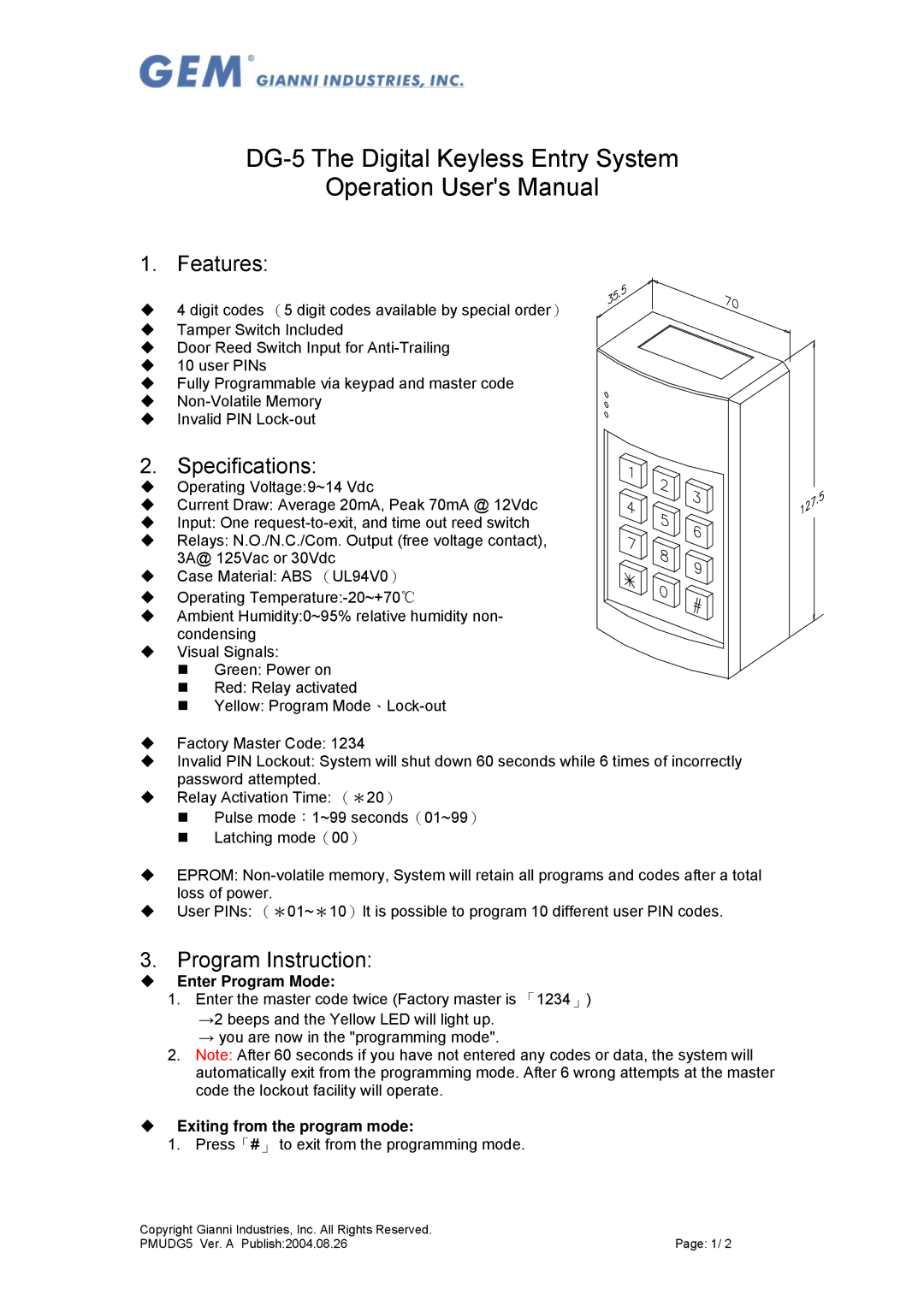 Gianni Industries DG-5 specifications Features, Specifications, Program Instruction, ‹ Enter Program Mode 