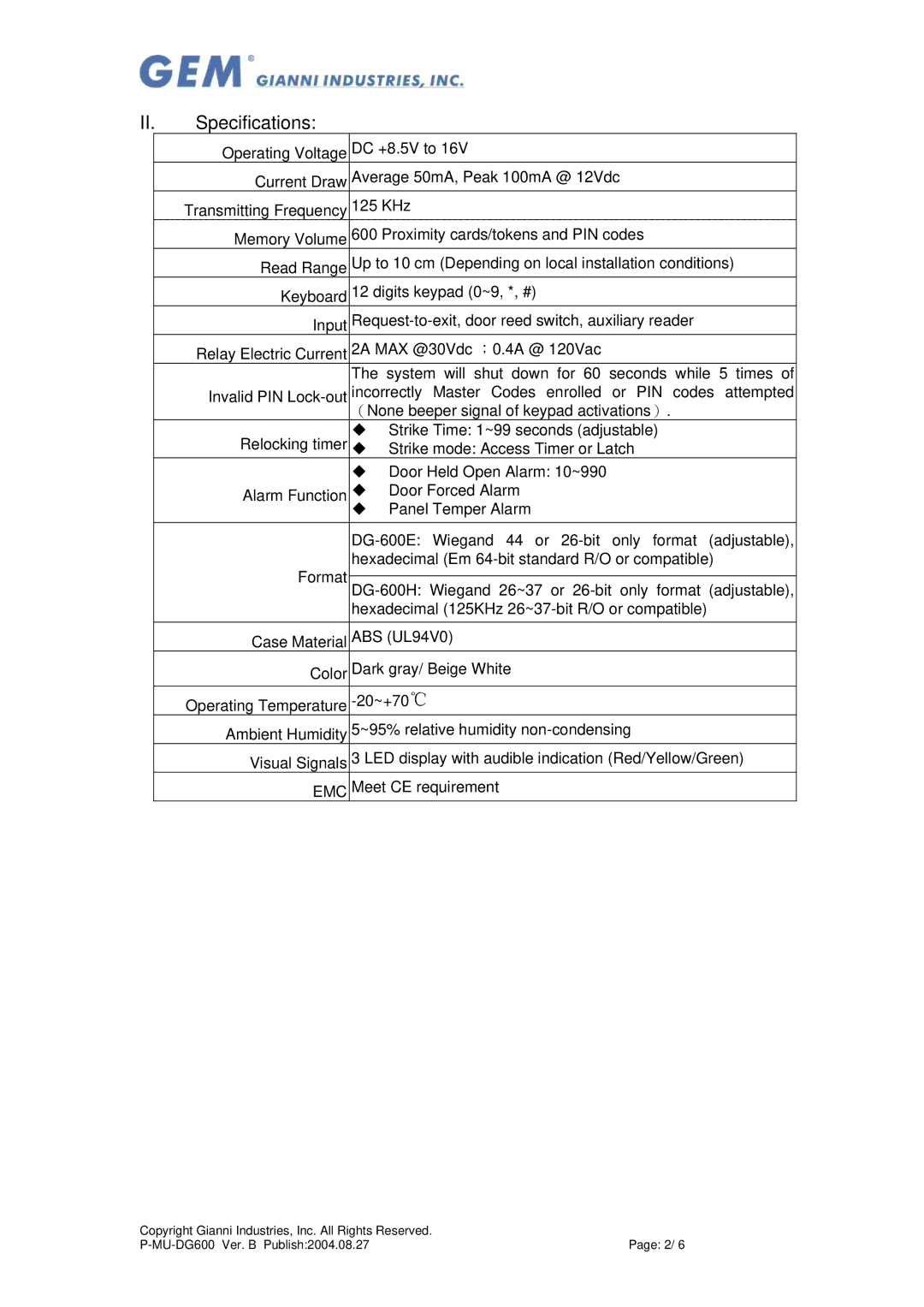 Gianni Industries DG-600 user manual II. Specifications 