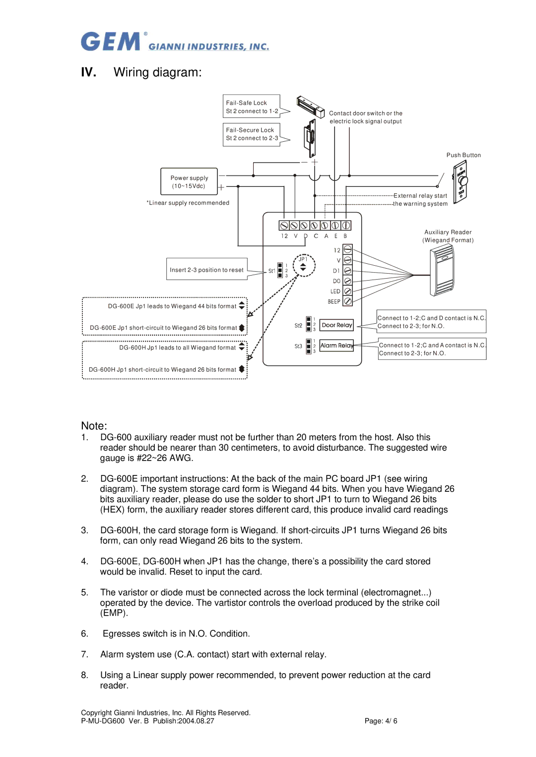 Gianni Industries DG-600 user manual IV. Wiring diagram 