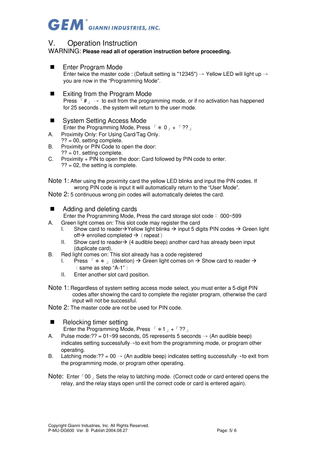 Gianni Industries DG-600 user manual Operation Instruction 