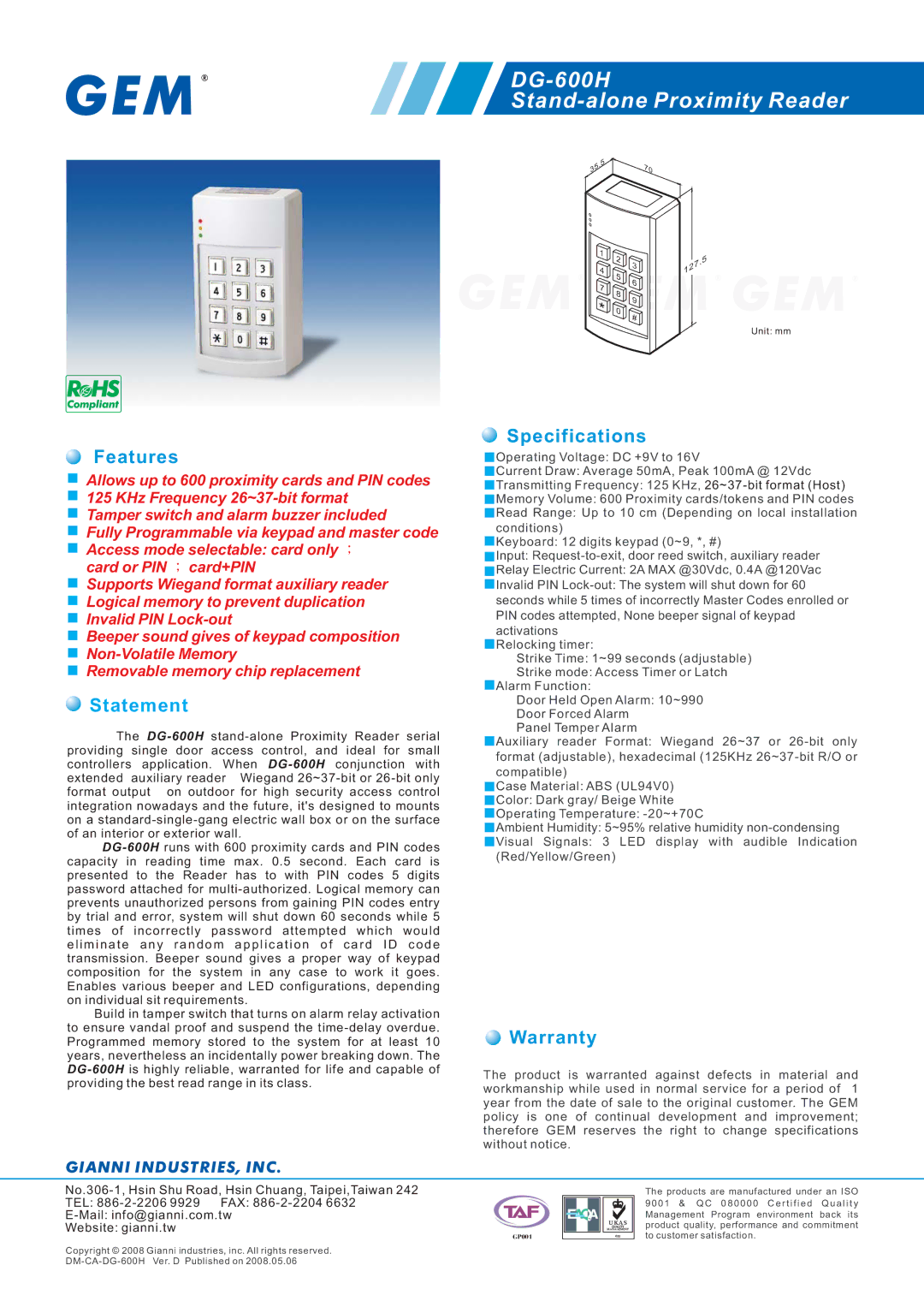 Gianni Industries specifications DG-600H Stand-alone Proximity Reader, Features, Statement, Specifications, Warranty 