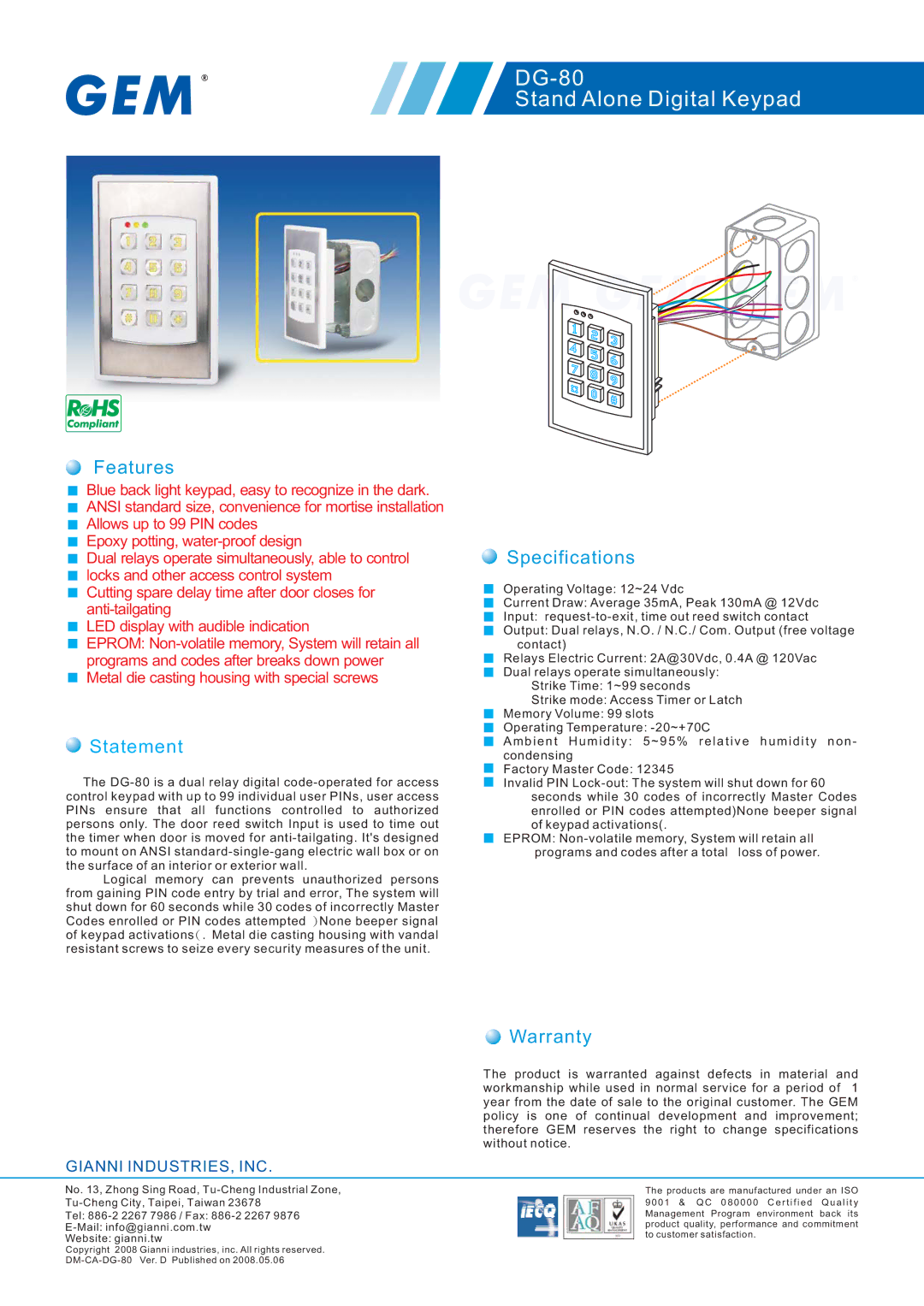 Gianni Industries specifications DG-80 Stand Alone Digital Keypad, Features, Statement, Specifications, Warranty 