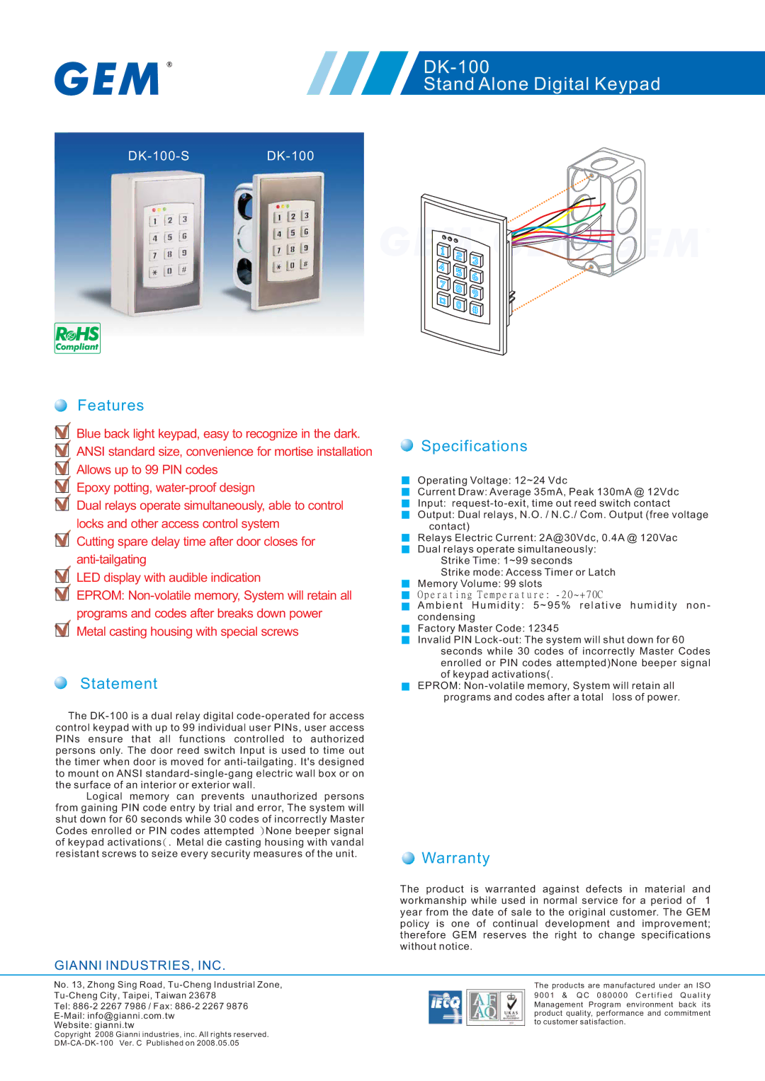 Gianni Industries specifications DK-100 Stand Alone Digital Keypad, Features, Statement, Specifications, Warranty 