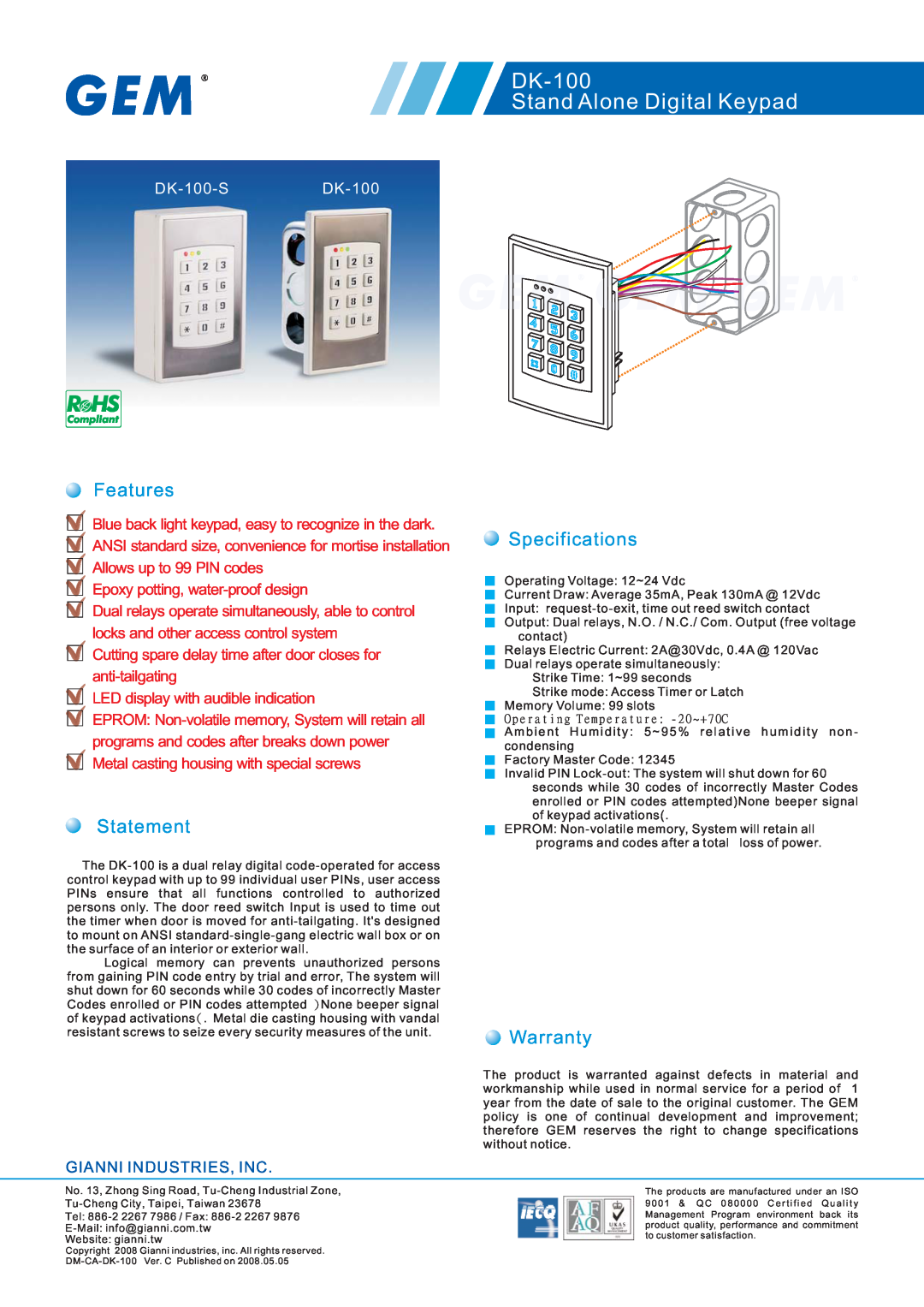 Gianni Industries specifications DK-100 Stand Alone Digital Keypad, Features, Statement, Specifications, Warranty 