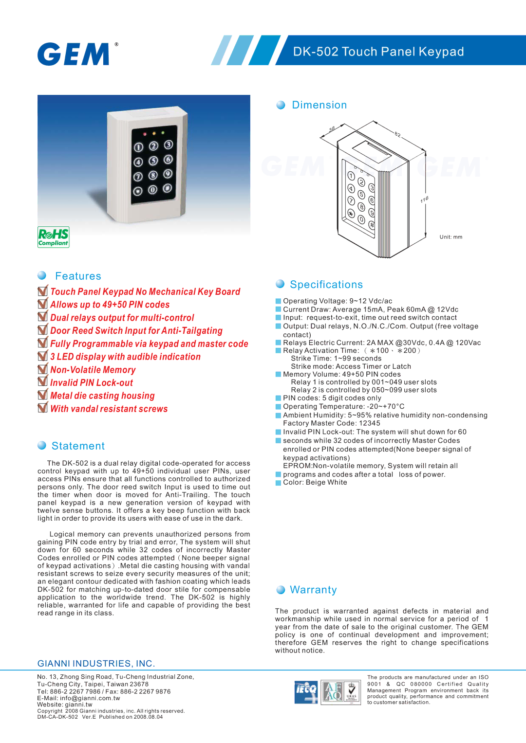 Gianni Industries warranty DK-502 Touch Panel Keypad, Dimension Features, Specifications, Statement, Warranty 