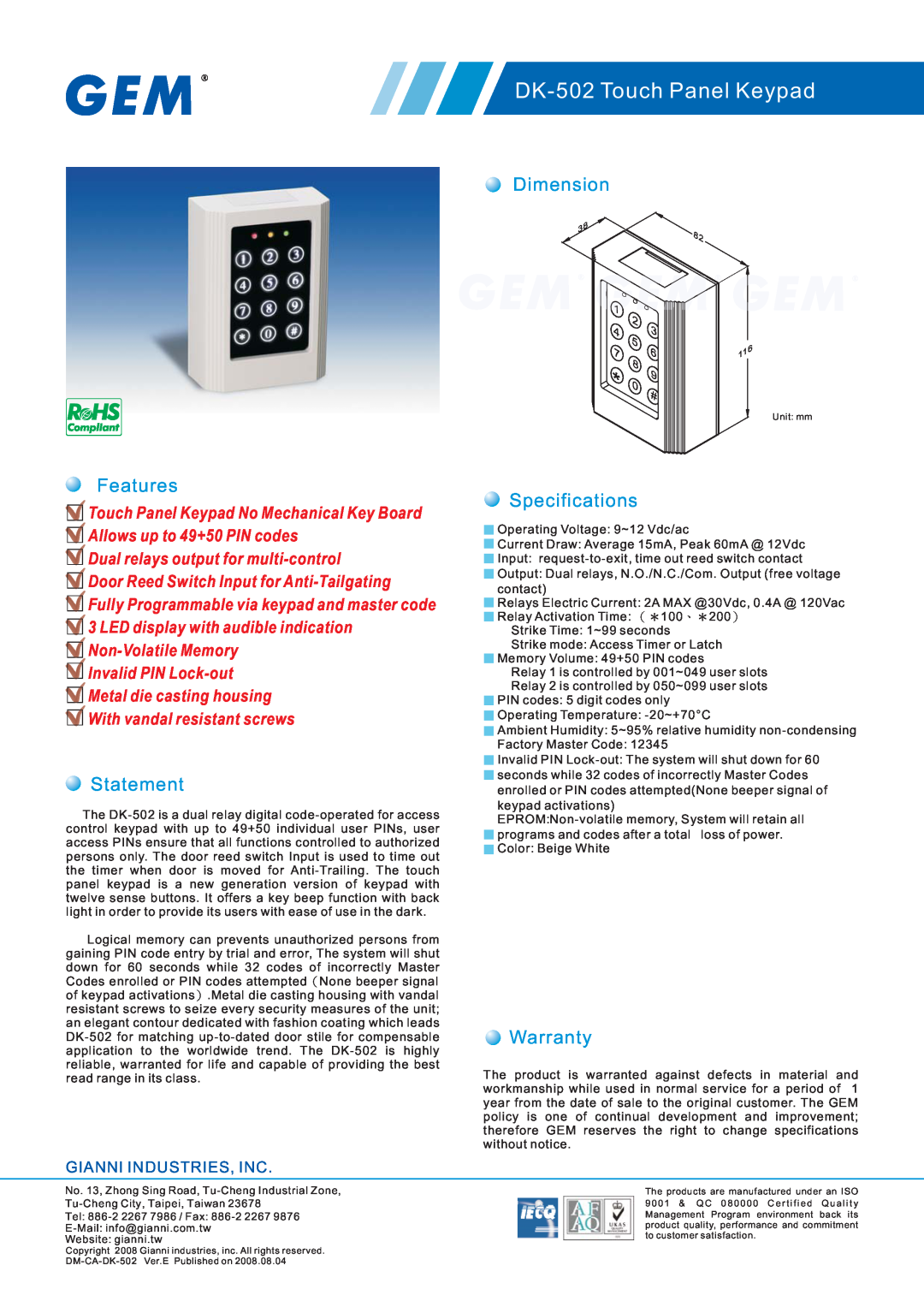 Gianni Industries warranty DK-502 Touch Panel Keypad, Dimension, Features, Specifications, Statement, Warranty 