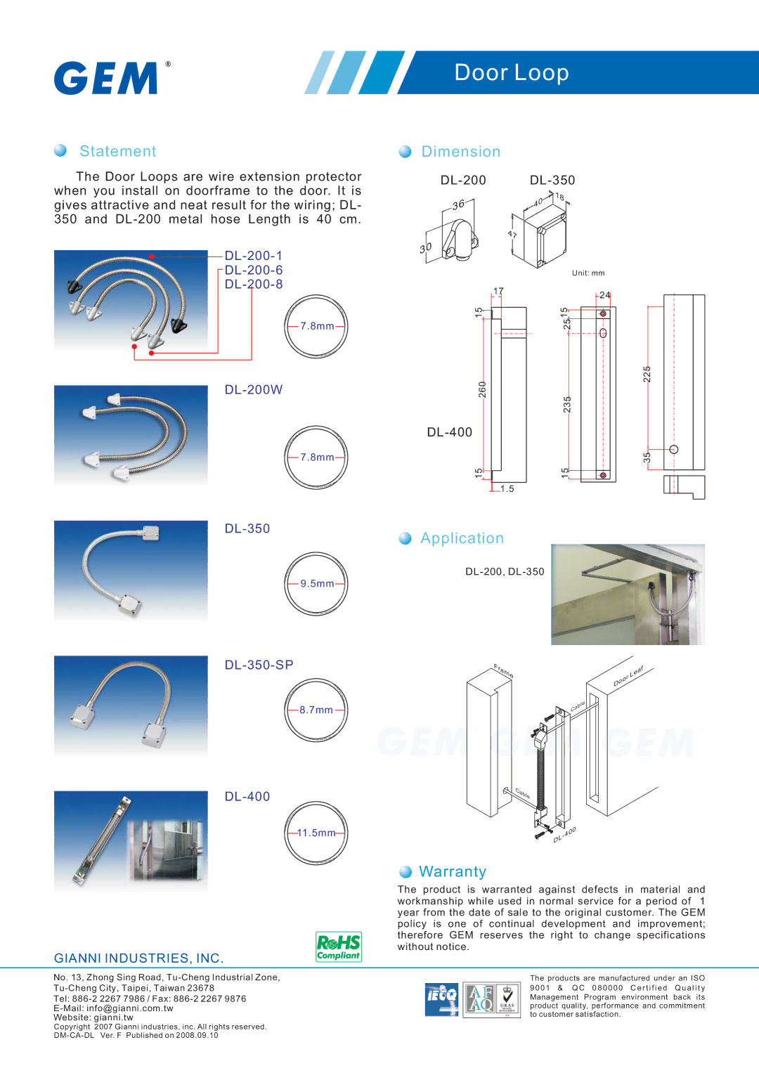 Gianni Industries DL-200-6, DL-350-SP, DL-200-8, DL-200W warranty Door Loop, Dimension, Statement, Application, Warranty 