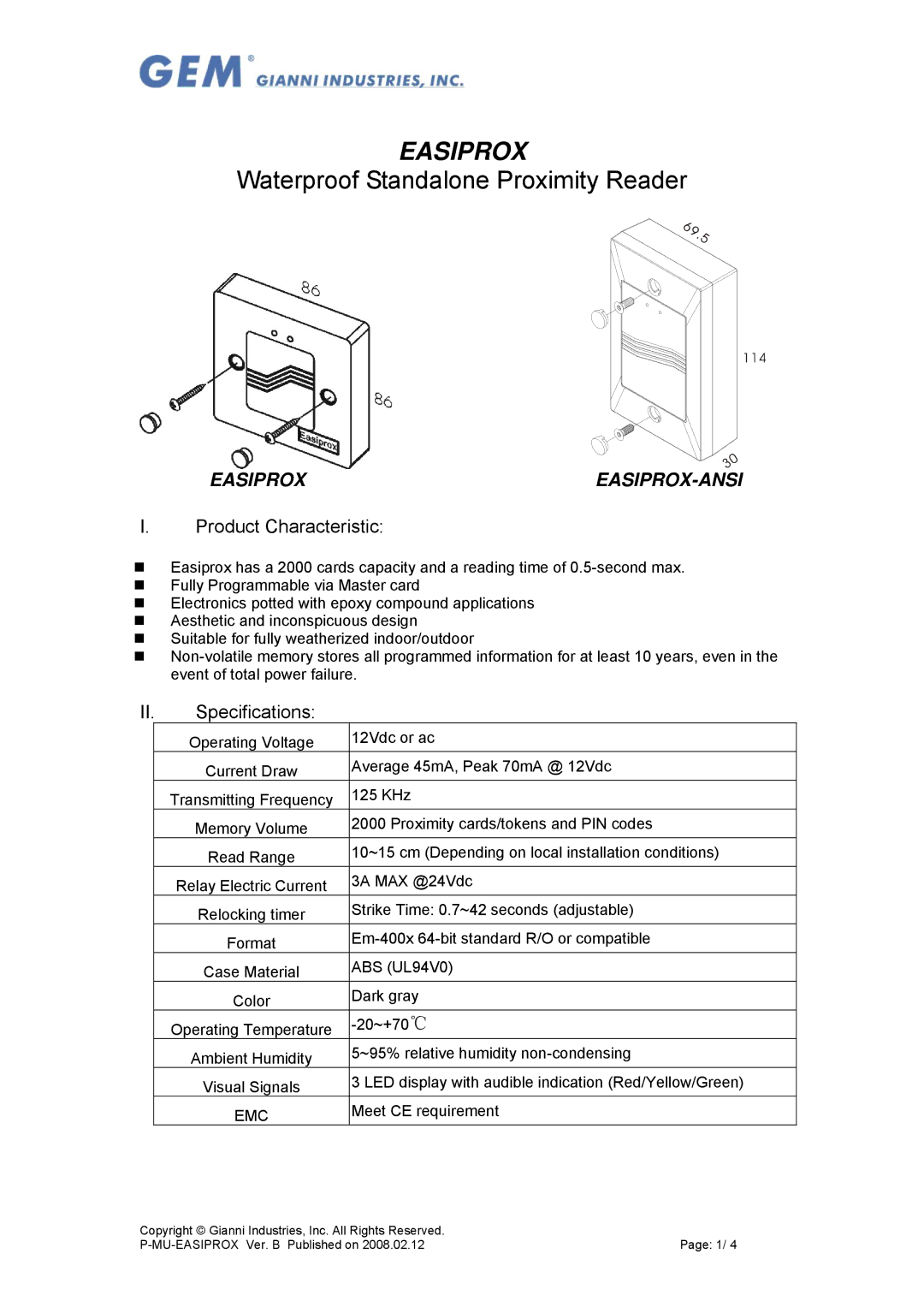 Gianni Industries P-MU-EASIPROX, Easiprox, EASIPROX-ANSI specifications Product Characteristic, II. Specifications 