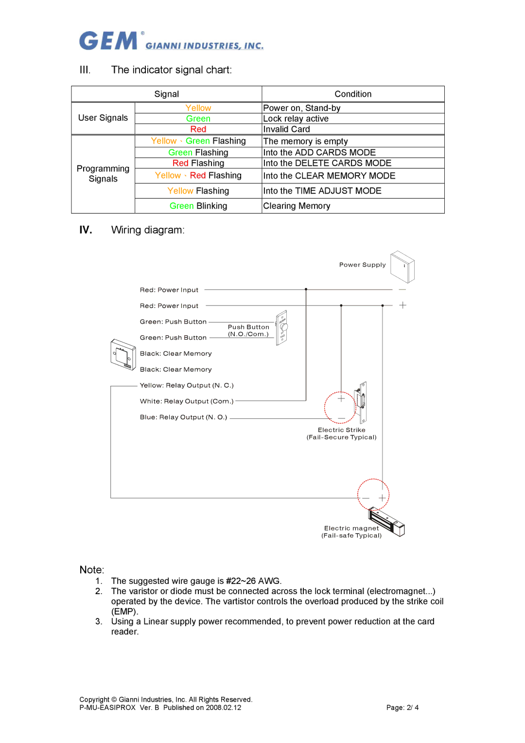 Gianni Industries EASIPROX-ANSI, Easiprox, P-MU-EASIPROX specifications III. The indicator signal chart, IV. Wiring diagram 