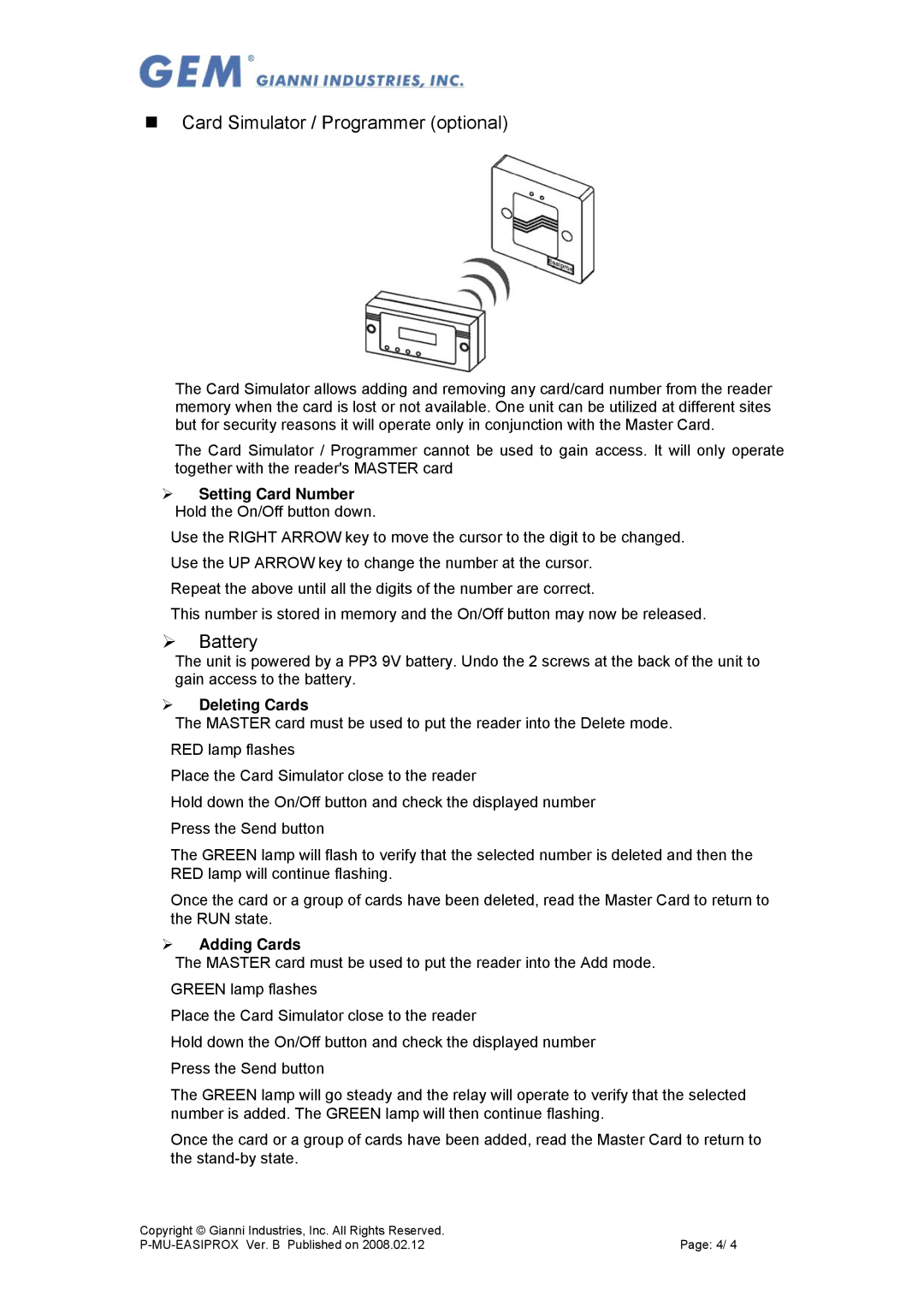 Gianni Industries P-MU-EASIPROX, Easiprox, EASIPROX-ANSI specifications „ Card Simulator / Programmer optional, ¾ Battery 